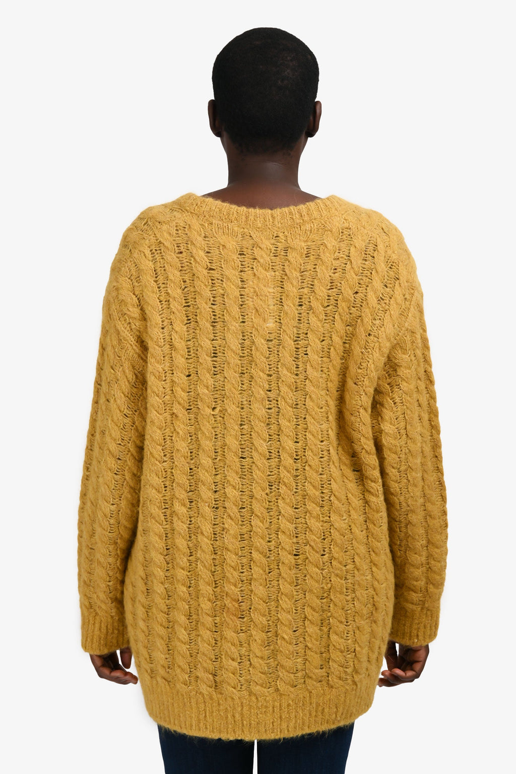 Miu Miu 2017 Yellow Alpaca/Virgin Wool Cable Knit V-Neck Sweater Size 42