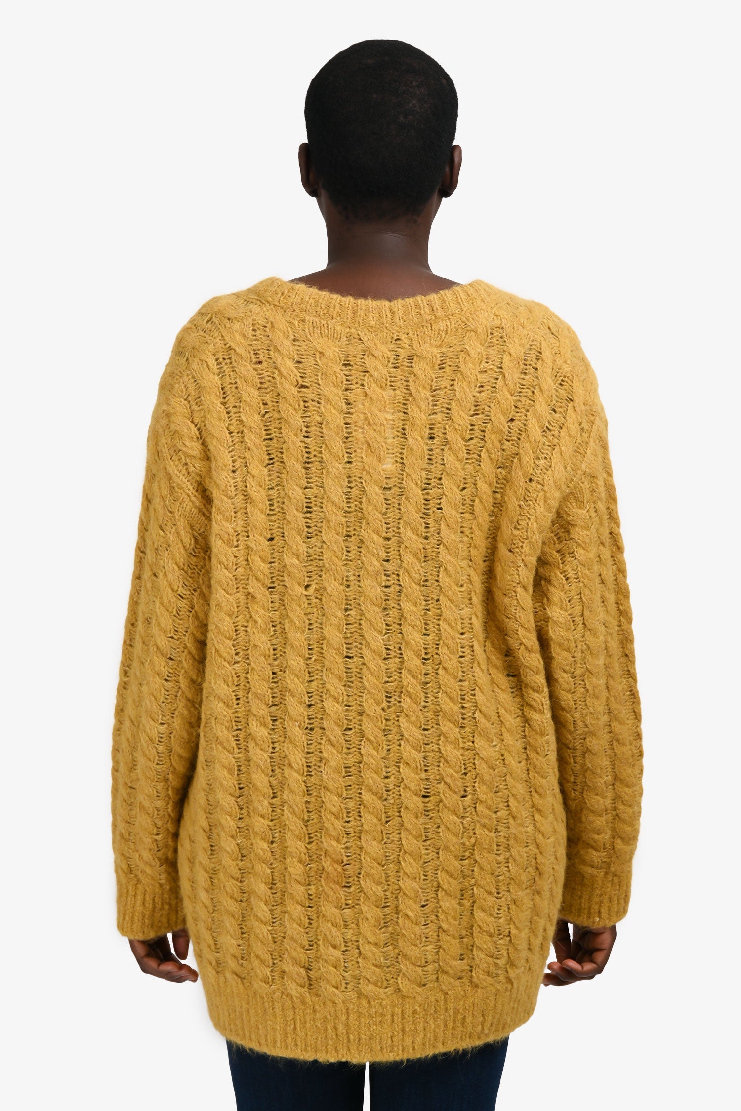 Miu Miu 2017 Yellow Alpaca/Virgin Wool Cable Knit V-Neck Sweater Size 42