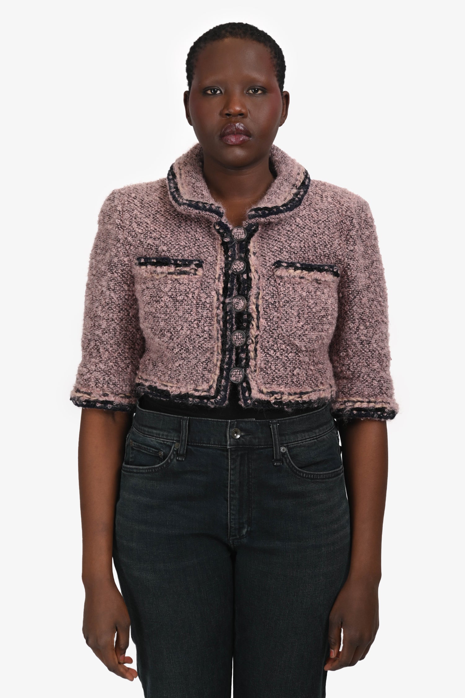 Pre-Loved Chanel™ 2014 Pink Mohair Tweed Cropped Jacket Size 40