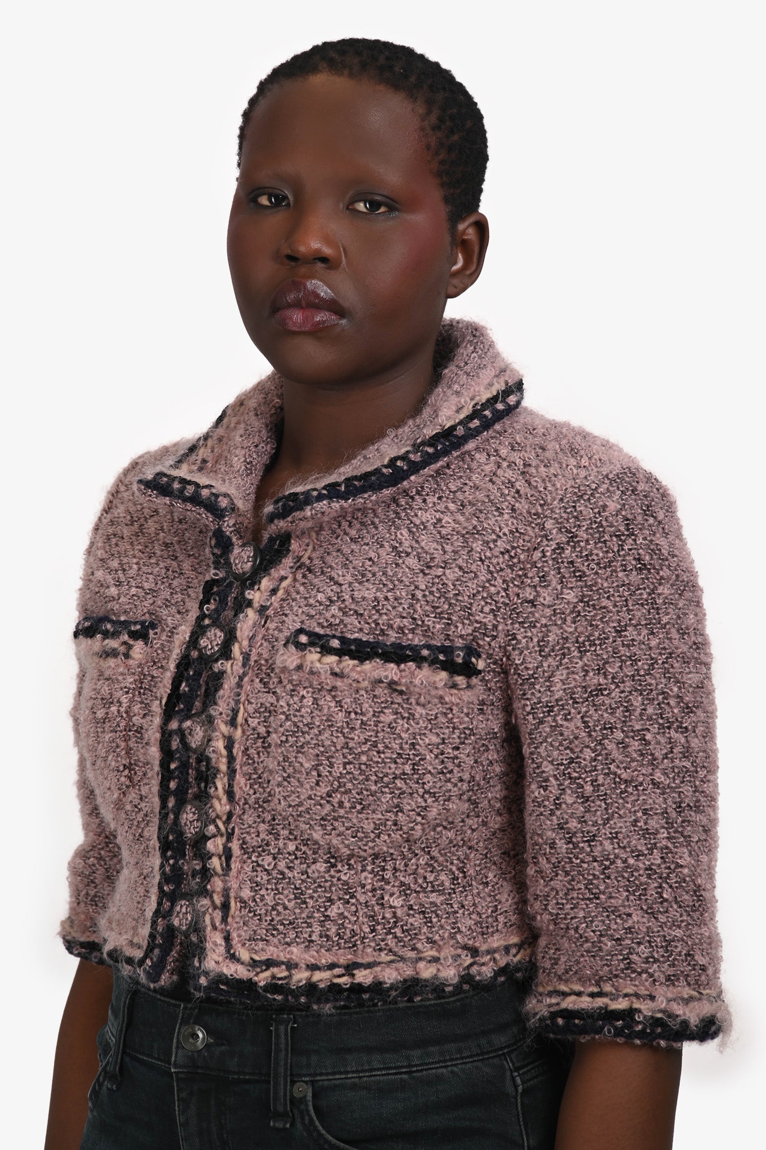 Pre-Loved Chanel™ 2014 Pink Mohair Tweed Cropped Jacket Size 40