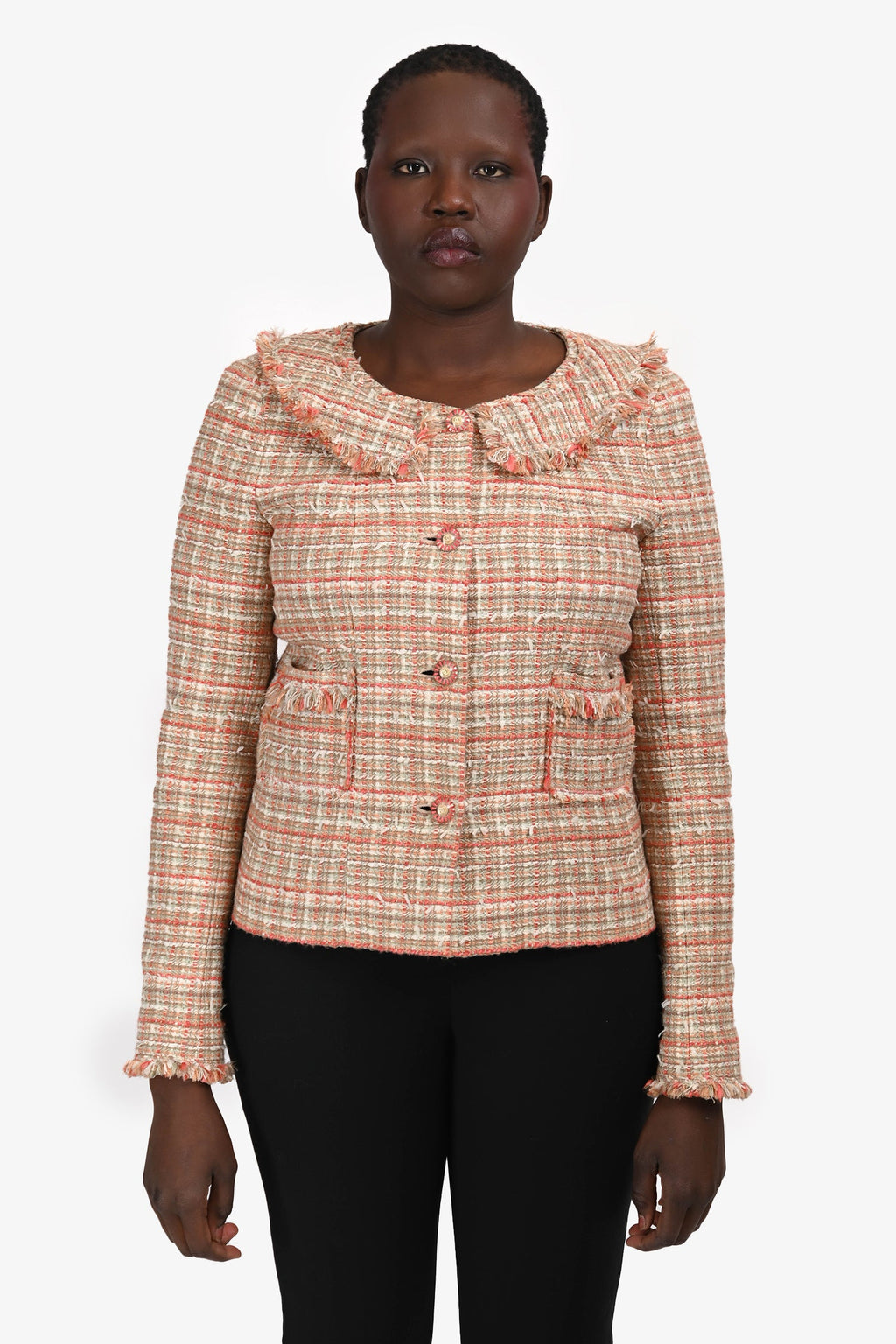 Pre-Loved Chanel™ 2004 Green/Beige Tweed Collared Evening Jacket Size 40