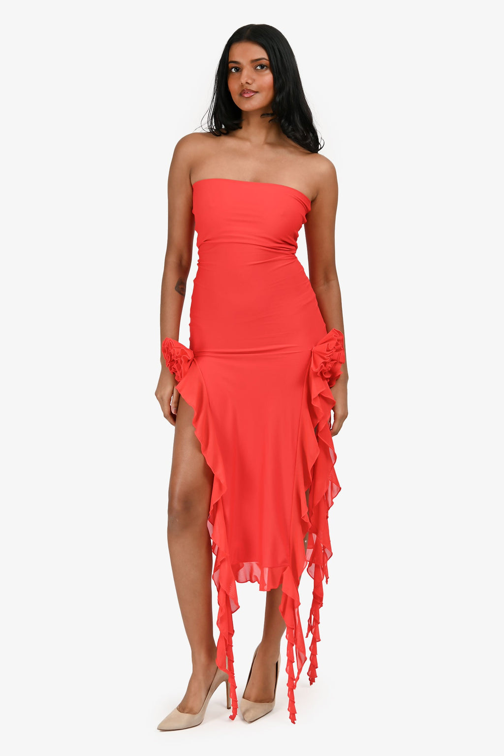 Fanci Club Red Rose Detail Ruffle Dress Size XS