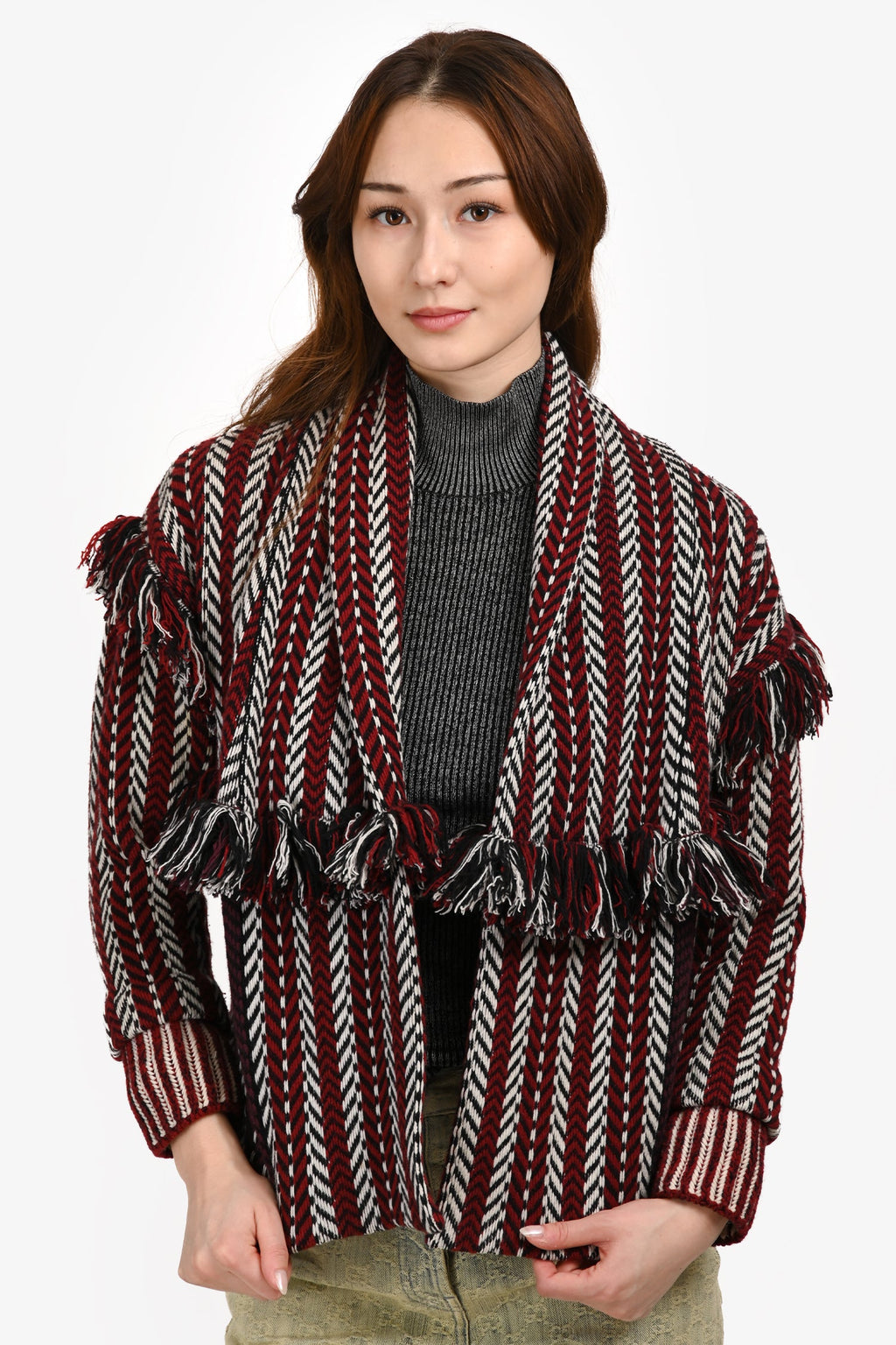 Burberry Red/Multicolour Wool/Cashmere Fringe Short igan Size XS