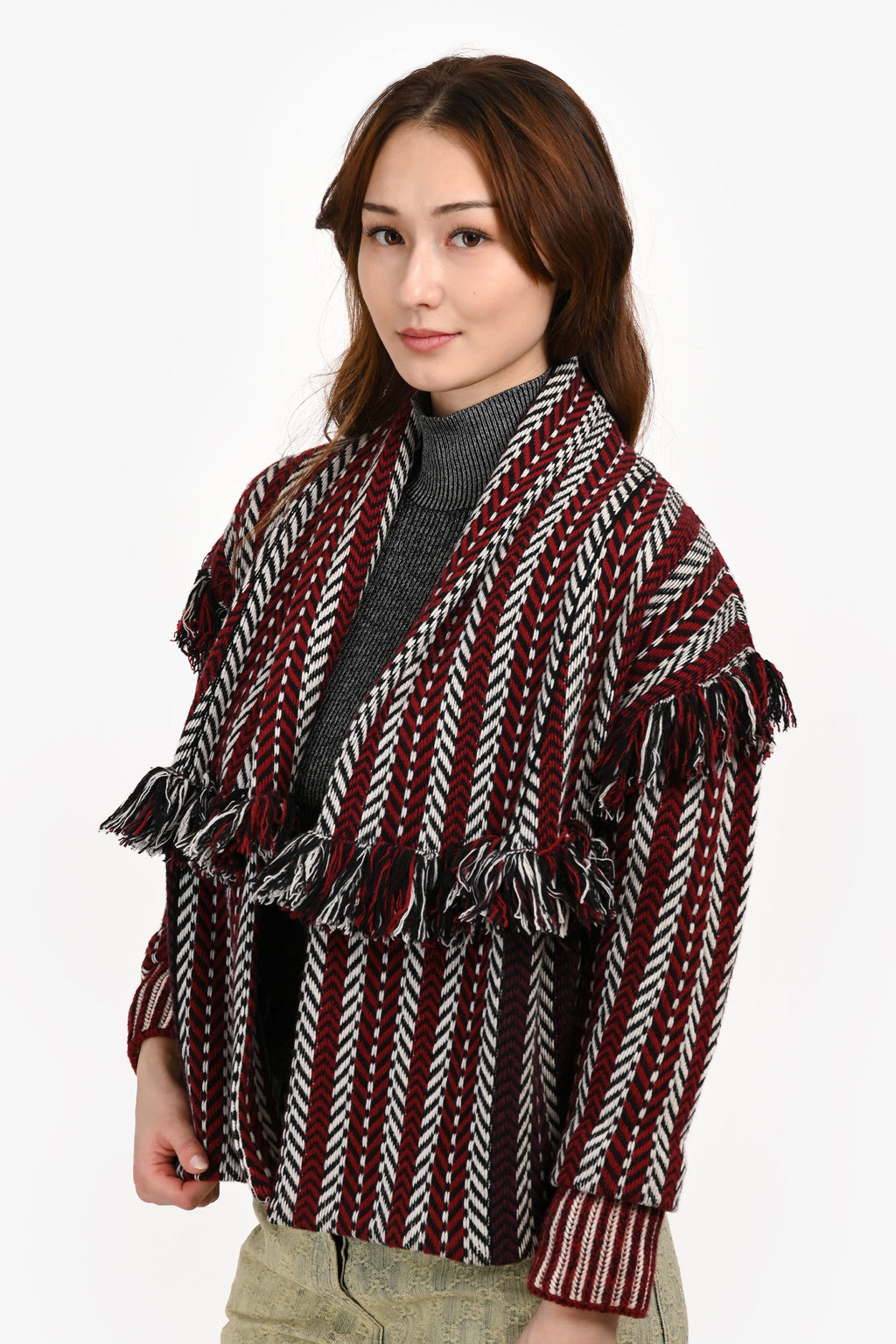 Burberry Red/Multicolour Wool/Cashmere Fringe Short igan Size XS