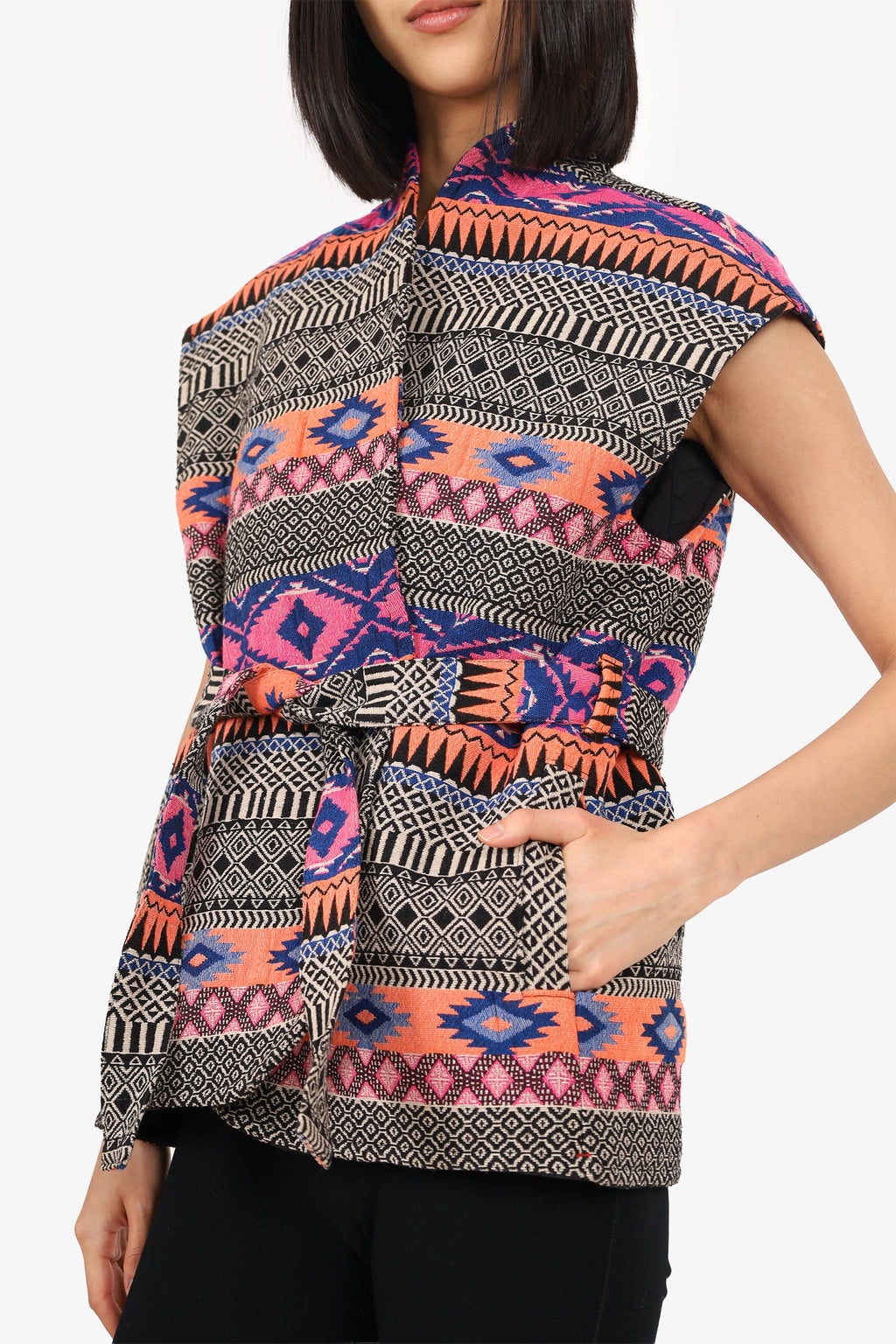 Xirena Black/Multicolour Aztec Print Belted Vest Size S