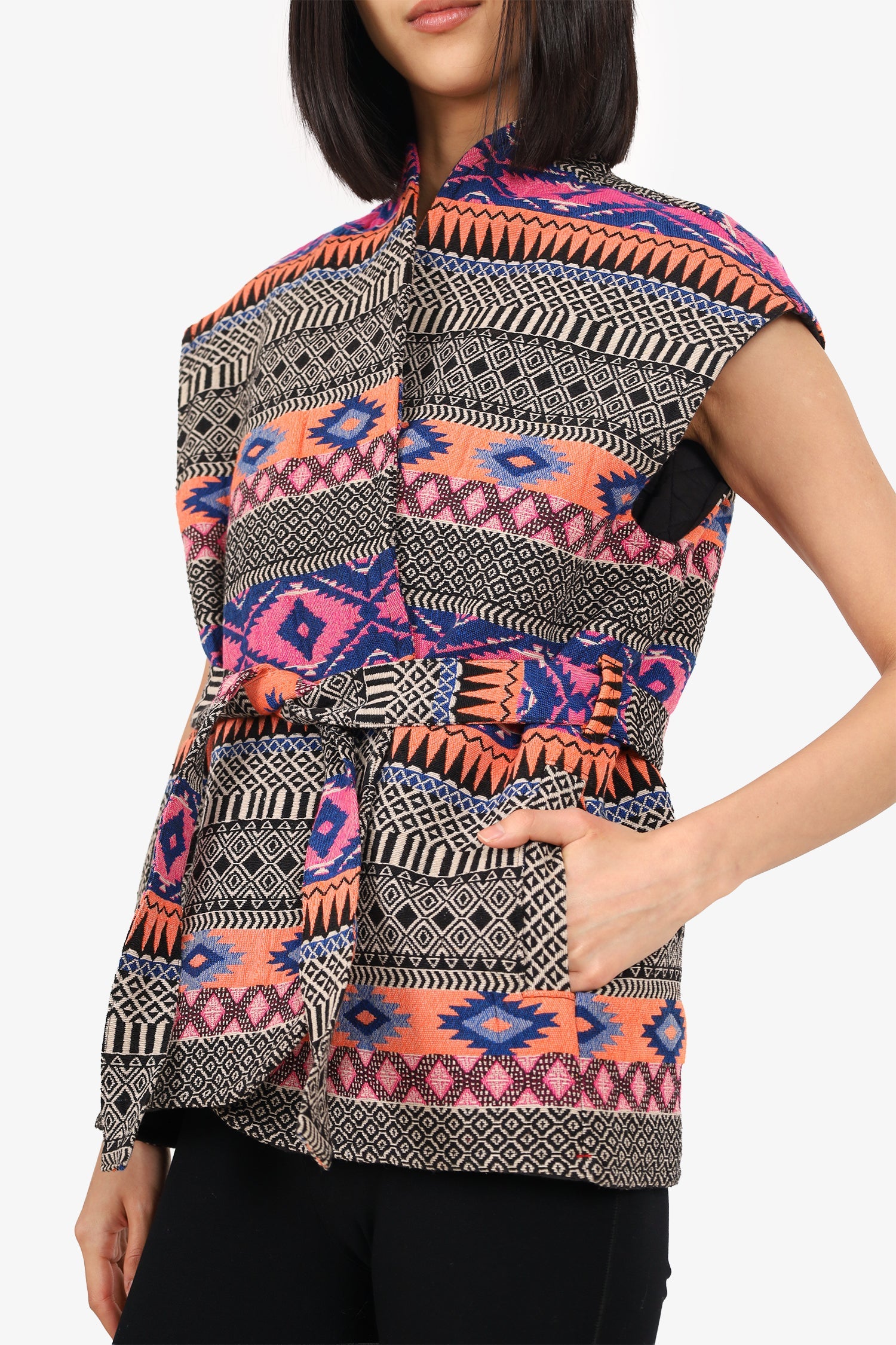 Xirena Black/Multicolour Aztec Print Belted Vest Size S