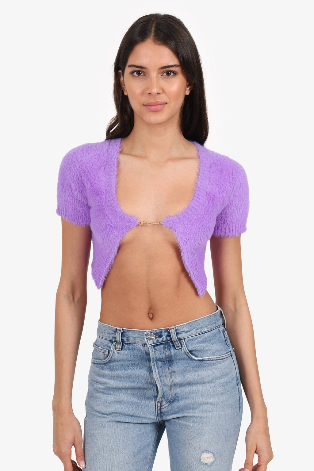 Jacquemus Purple Knit 'La Maille Neve' Logo Cropped igan Size 34