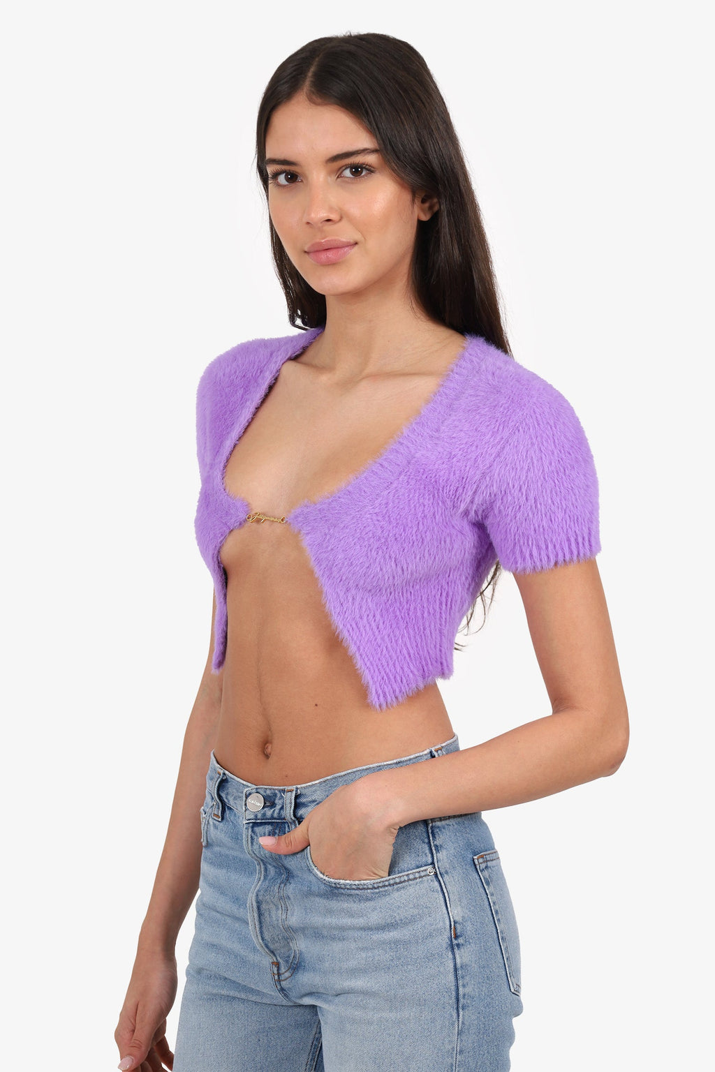 Jacquemus Purple Knit 'La Maille Neve' Logo Cropped igan Size 34