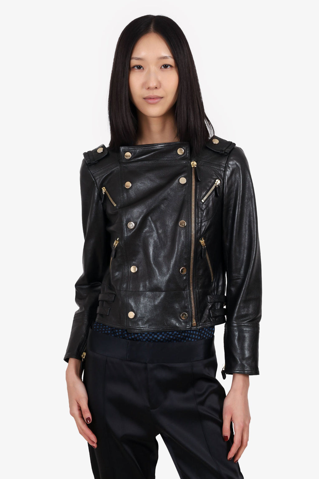Gucci Black Leather Moto Jacket Size 42