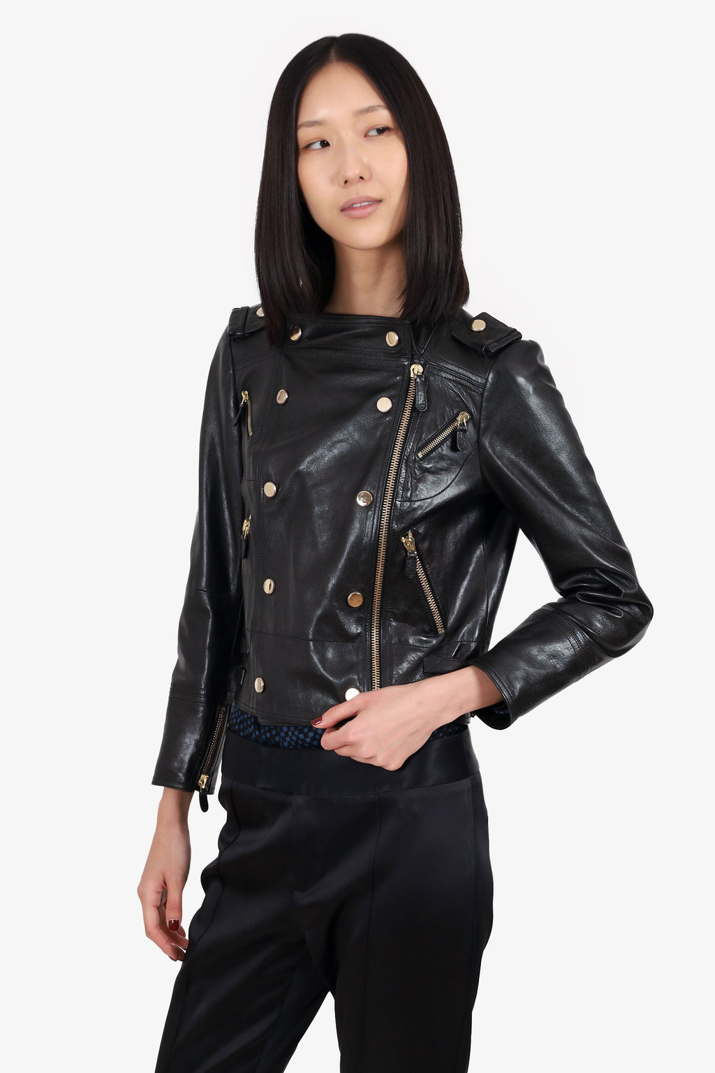 Gucci Black Leather Moto Jacket Size 42