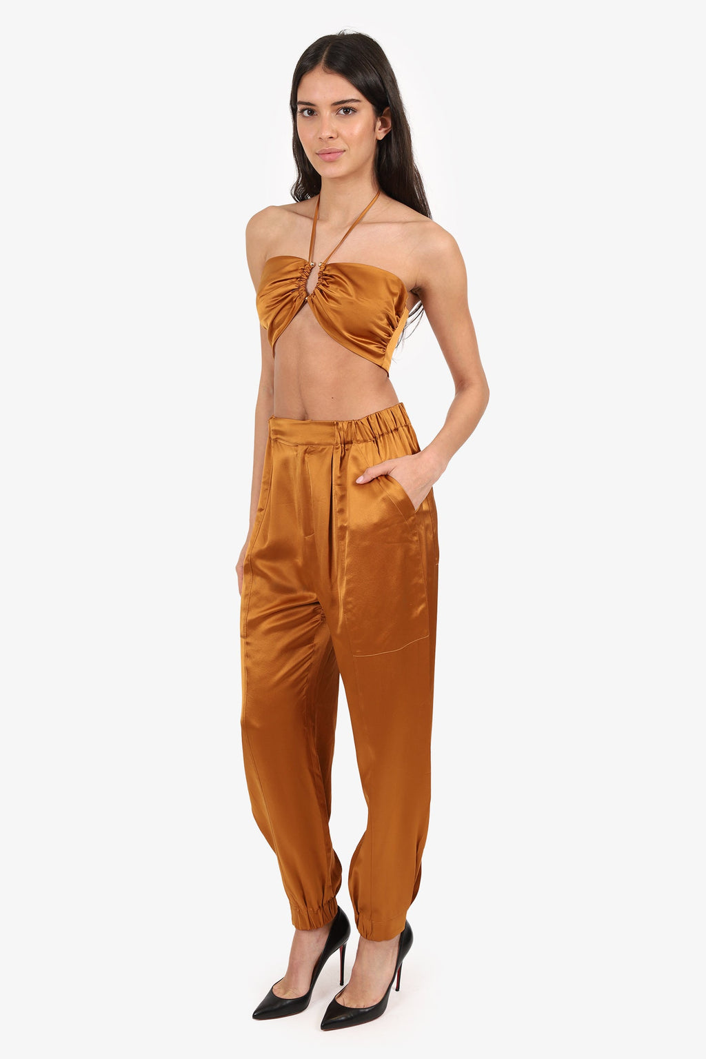 Nicholas Brown Silk Bandeau Bra Top/Jogger Pants Set Size 4