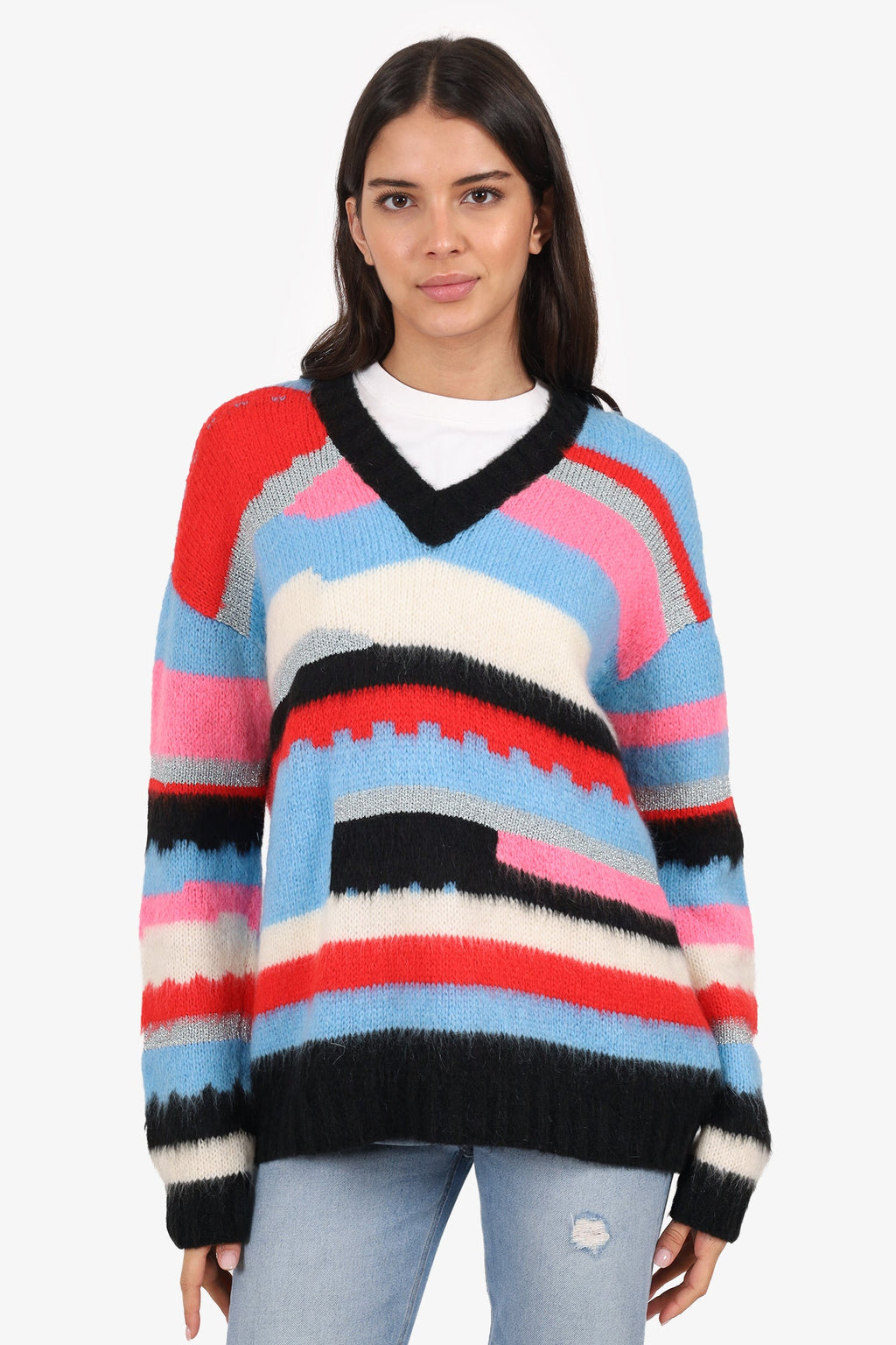 MSGM Blue/Multi Striped Mohair Knit V-Neck Sweater Size S