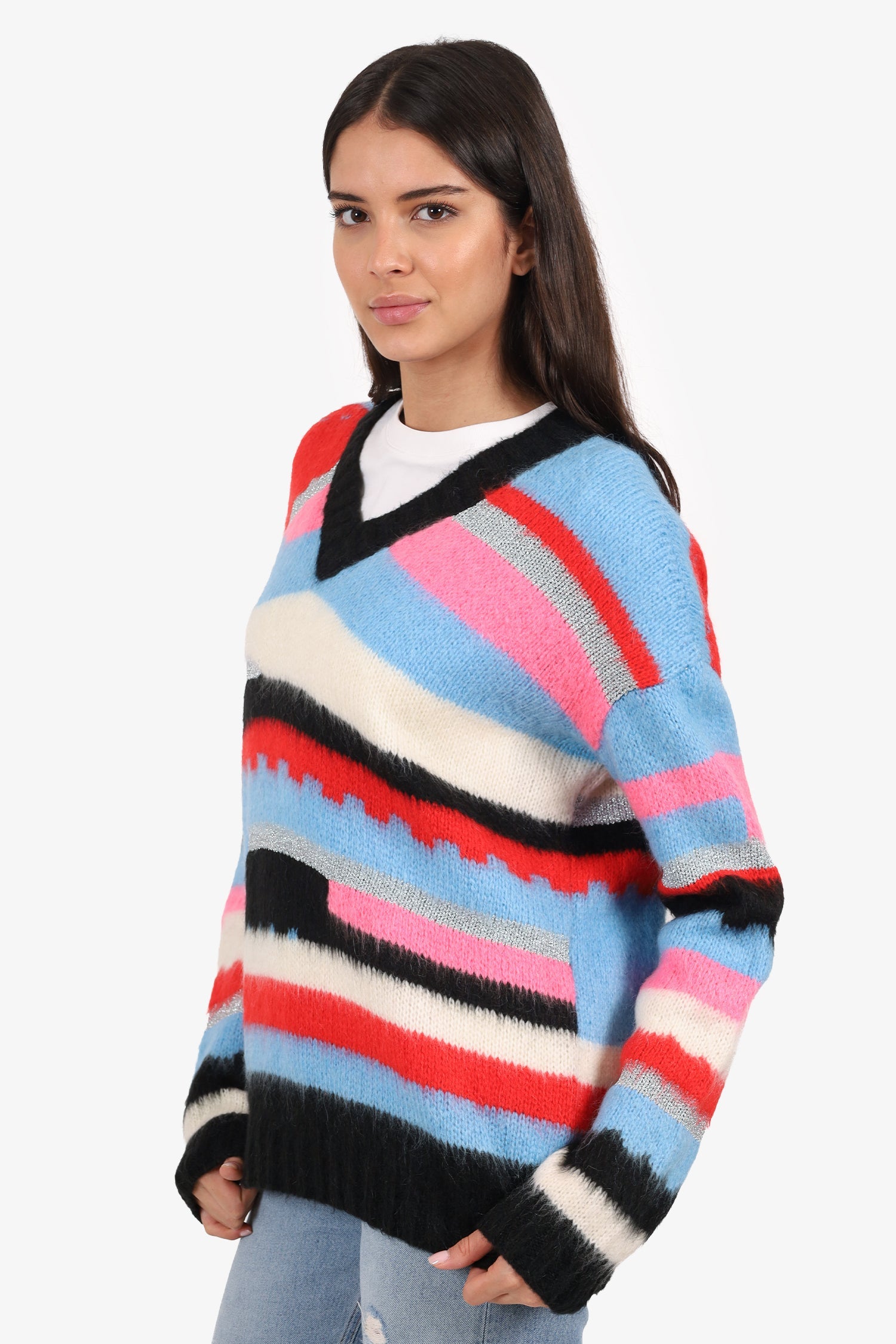 MSGM Blue/Multi Striped Mohair Knit V-Neck Sweater Size S