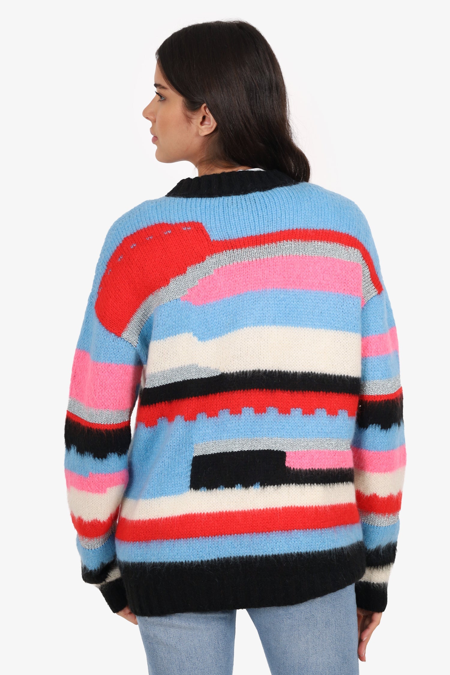 MSGM Blue/Multi Striped Mohair Knit V-Neck Sweater Size S
