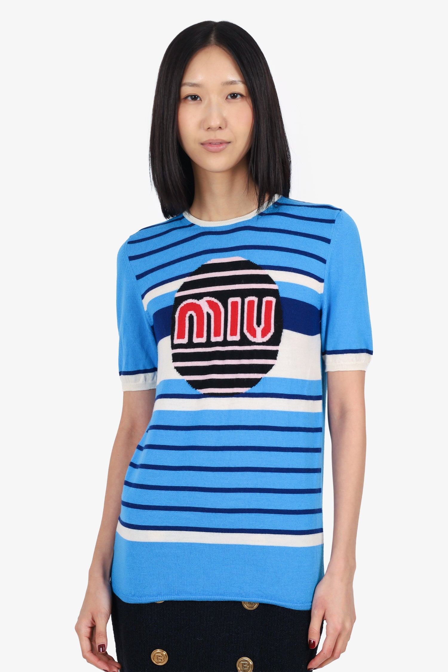 Miu Miu 2018 Blue Wool Striped Red Logo Short Sleeve Sweater Size 44