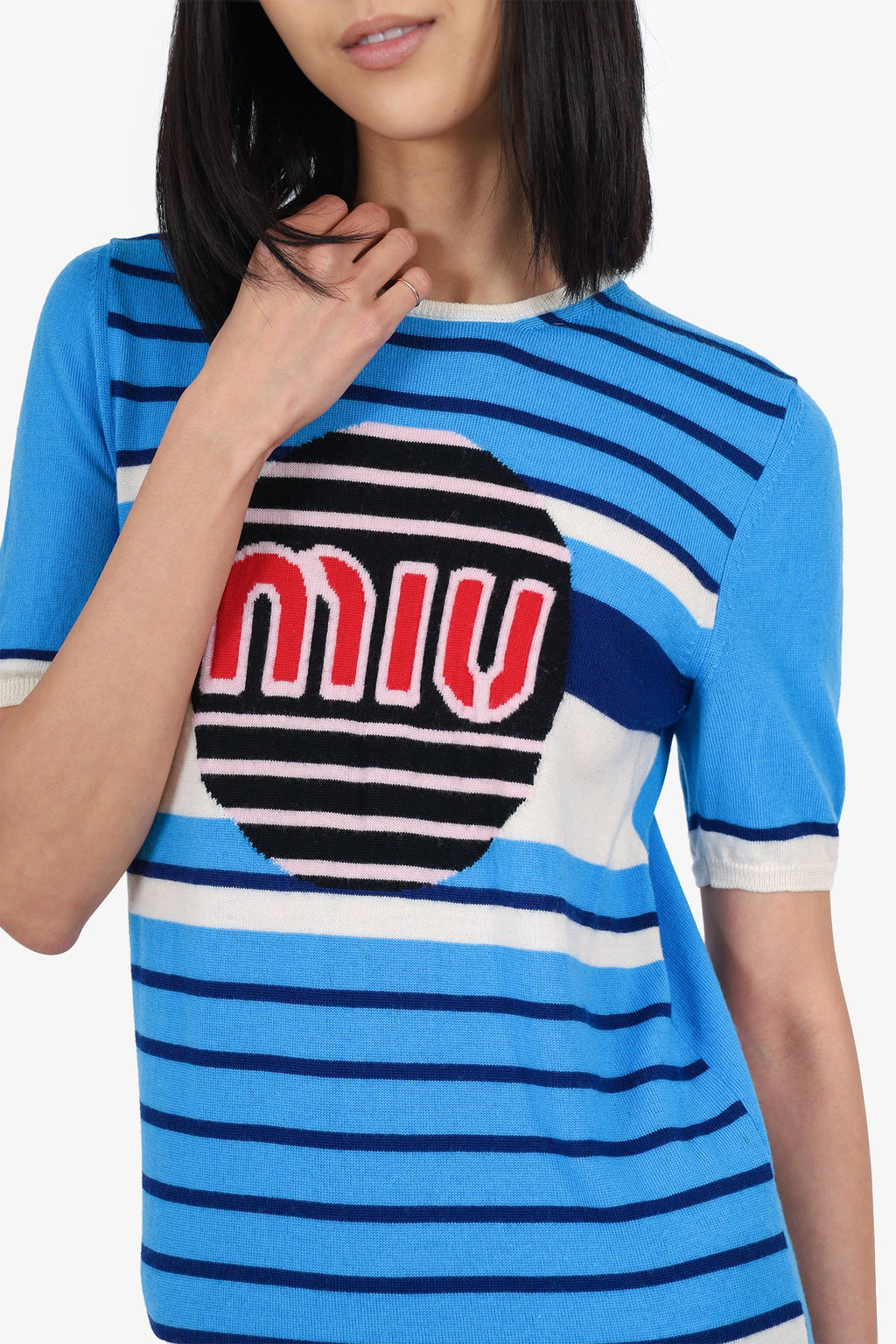 Miu Miu 2018 Blue Wool Striped Red Logo Short Sleeve Sweater Size 44