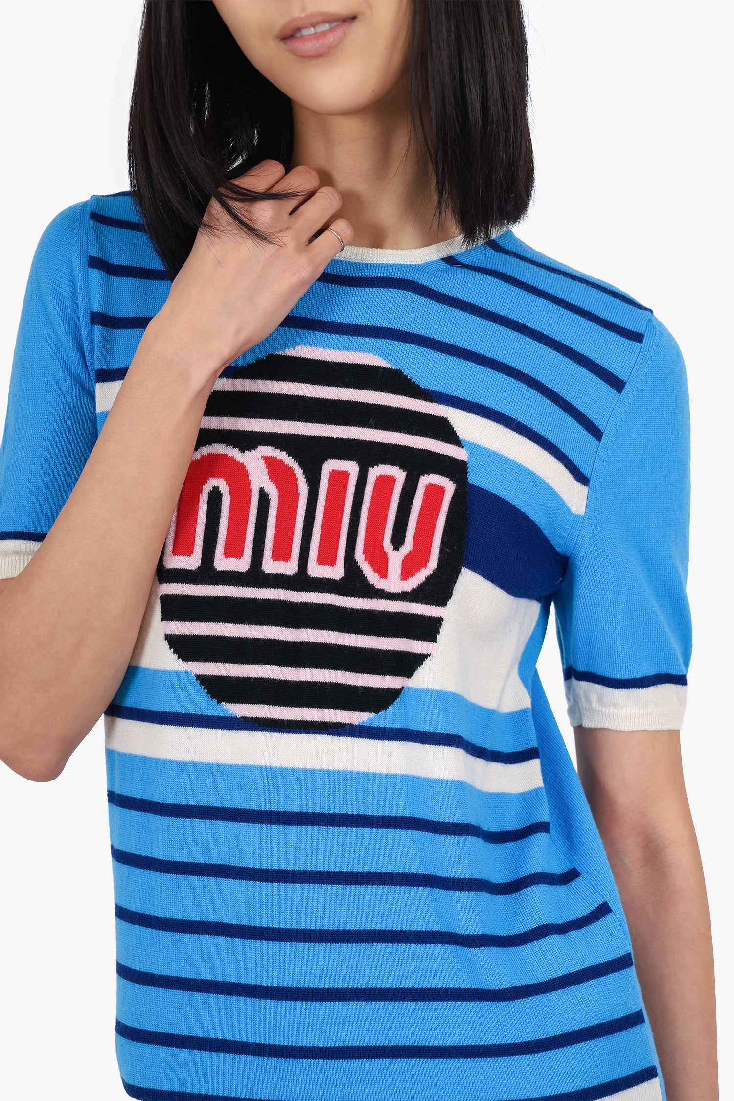 Miu Miu 2018 Blue Wool Striped Red Logo Short Sleeve Sweater Size 44