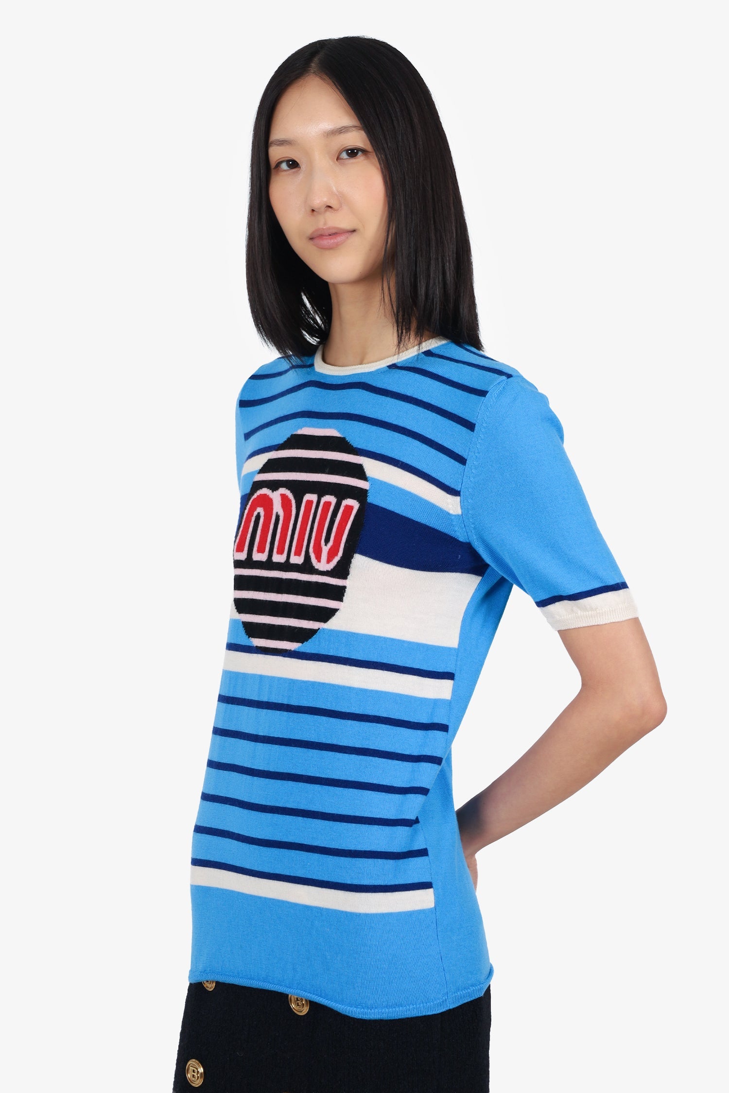 Miu Miu 2018 Blue Wool Striped Red Logo Short Sleeve Sweater Size 44