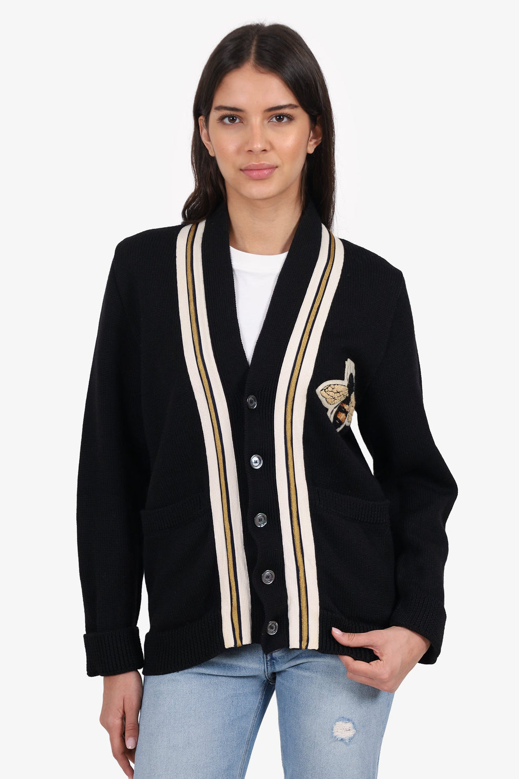 Gucci Black Wool Knit Bee Embroidery igan Size S
