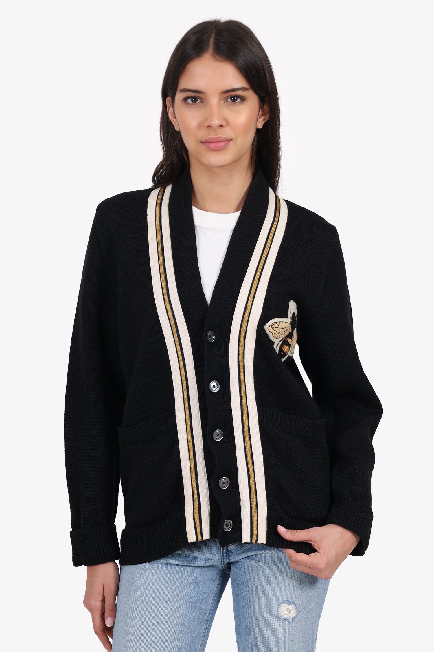 Gucci Black Wool Knit Bee Embroidery igan Size S