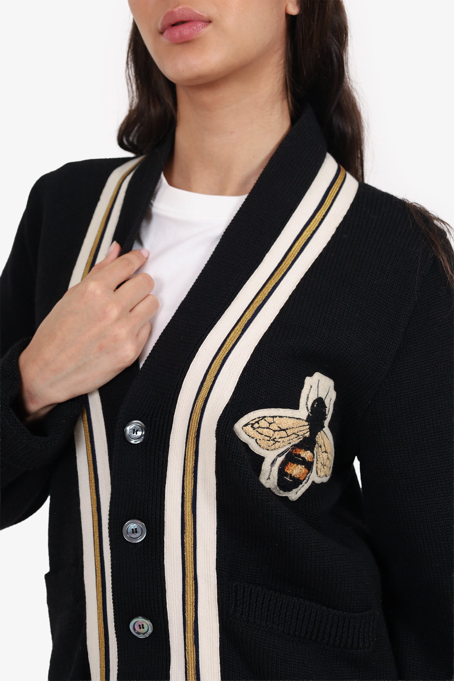 Gucci Black Wool Knit Bee Embroidery igan Size S