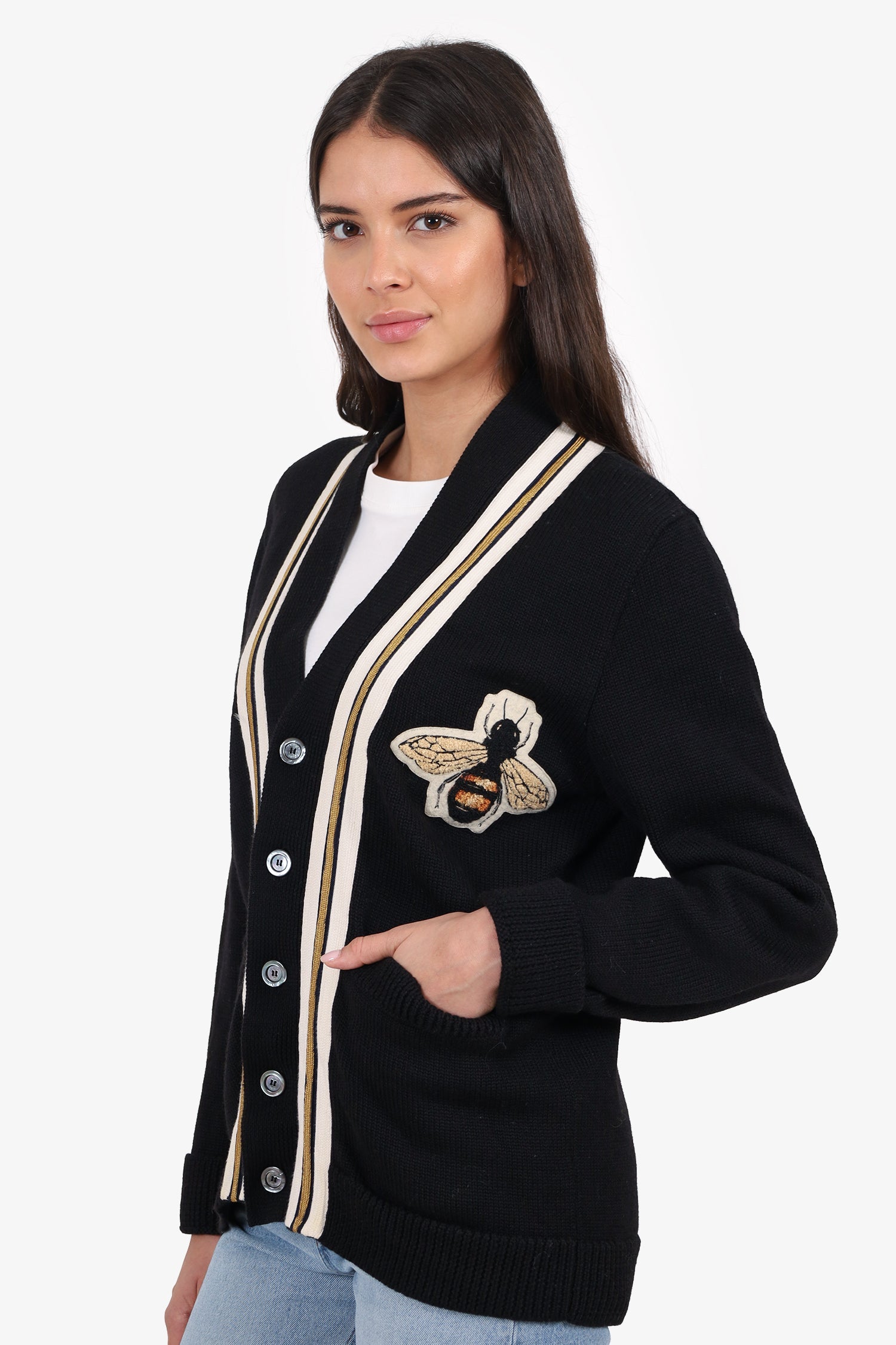 Gucci Black Wool Knit Bee Embroidery igan Size S