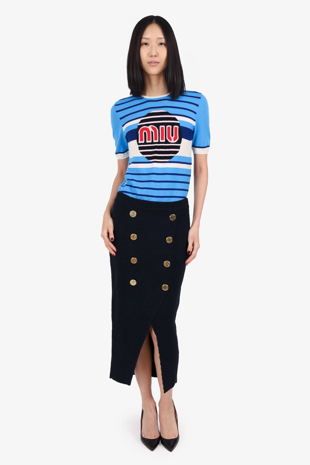 Balmain Black Wool/Silk Knit Buttoned Midi Skirt Size 38