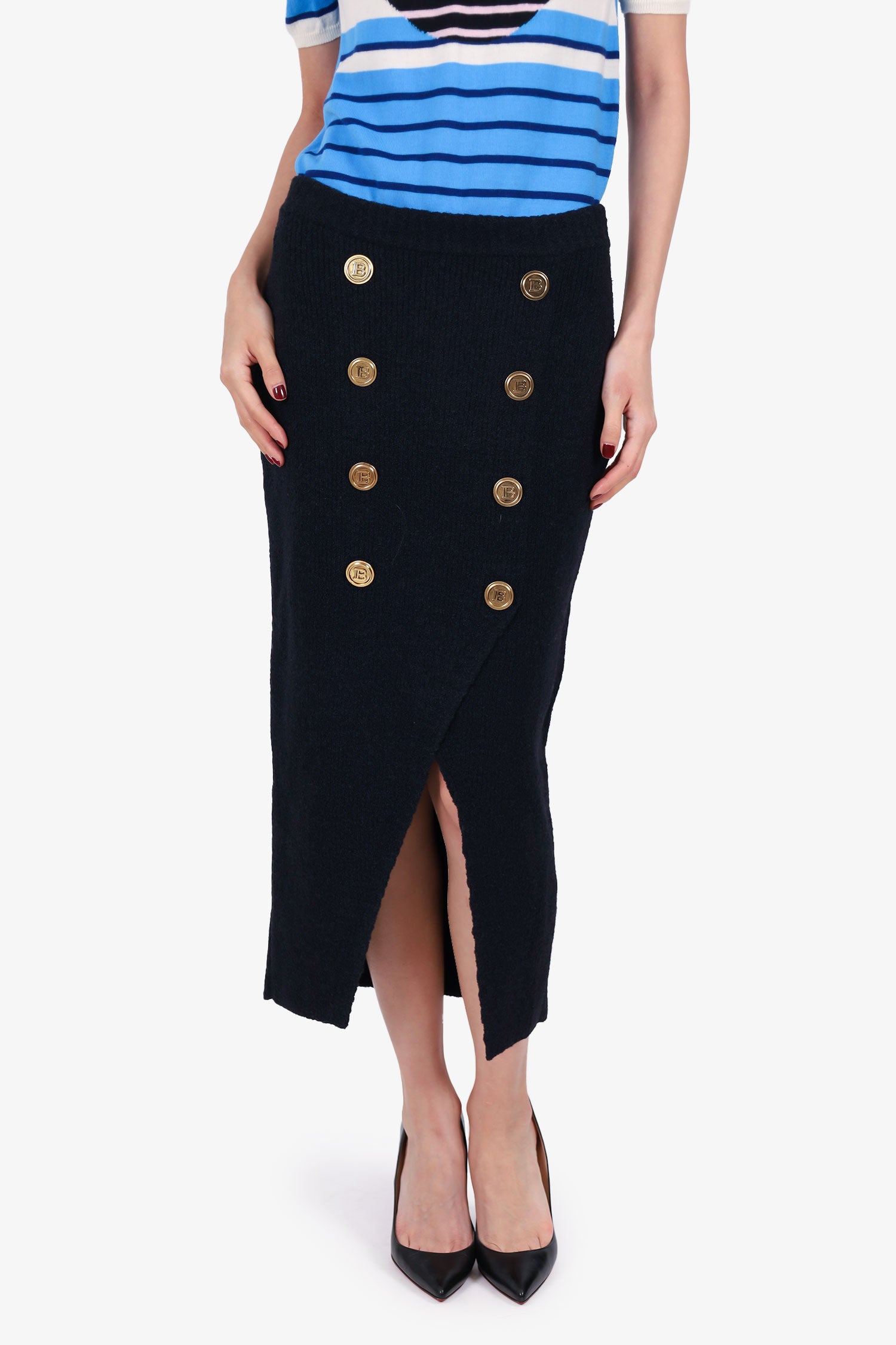Balmain Black Wool/Silk Knit Buttoned Midi Skirt Size 38
