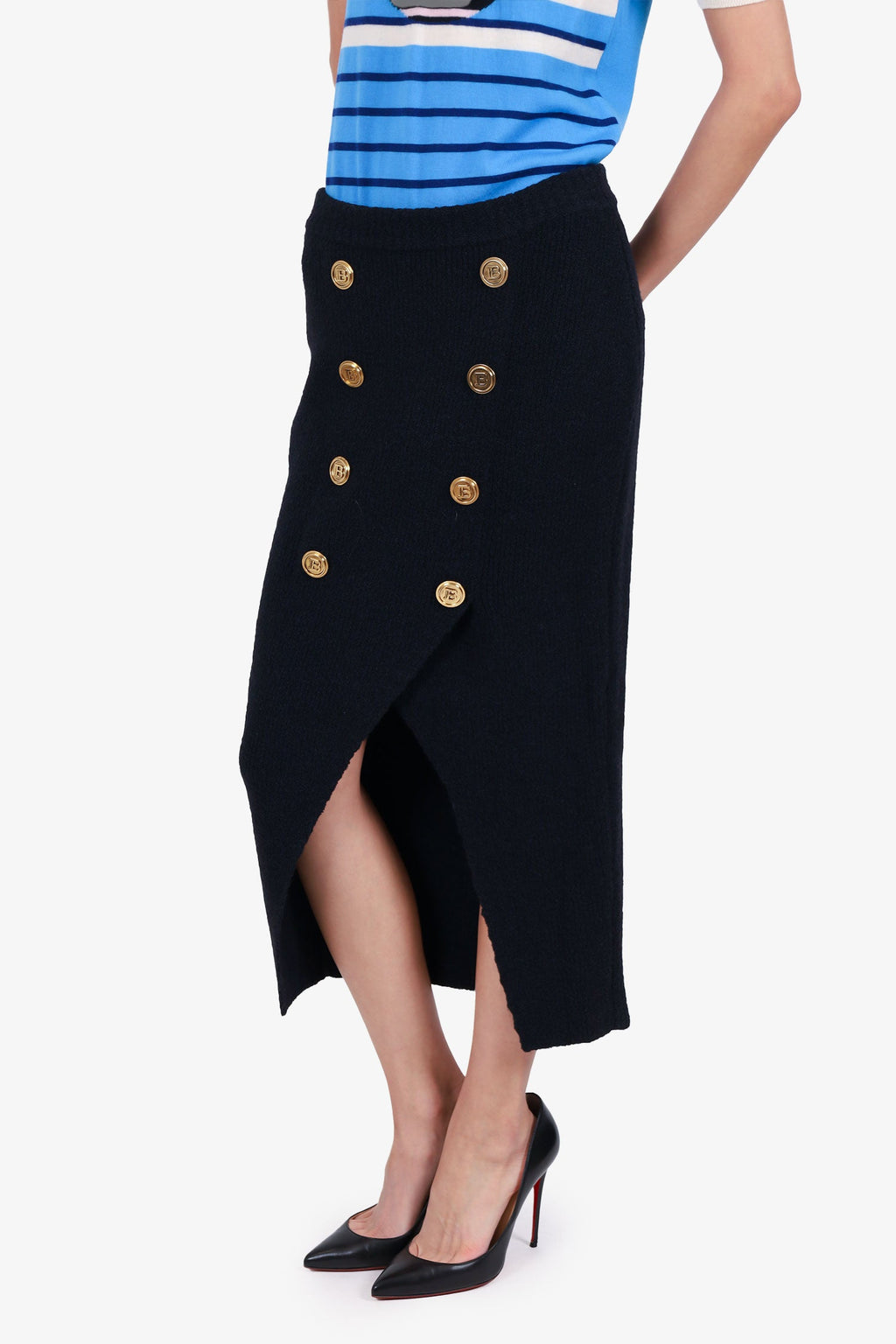 Balmain Black Wool/Silk Knit Buttoned Midi Skirt Size 38
