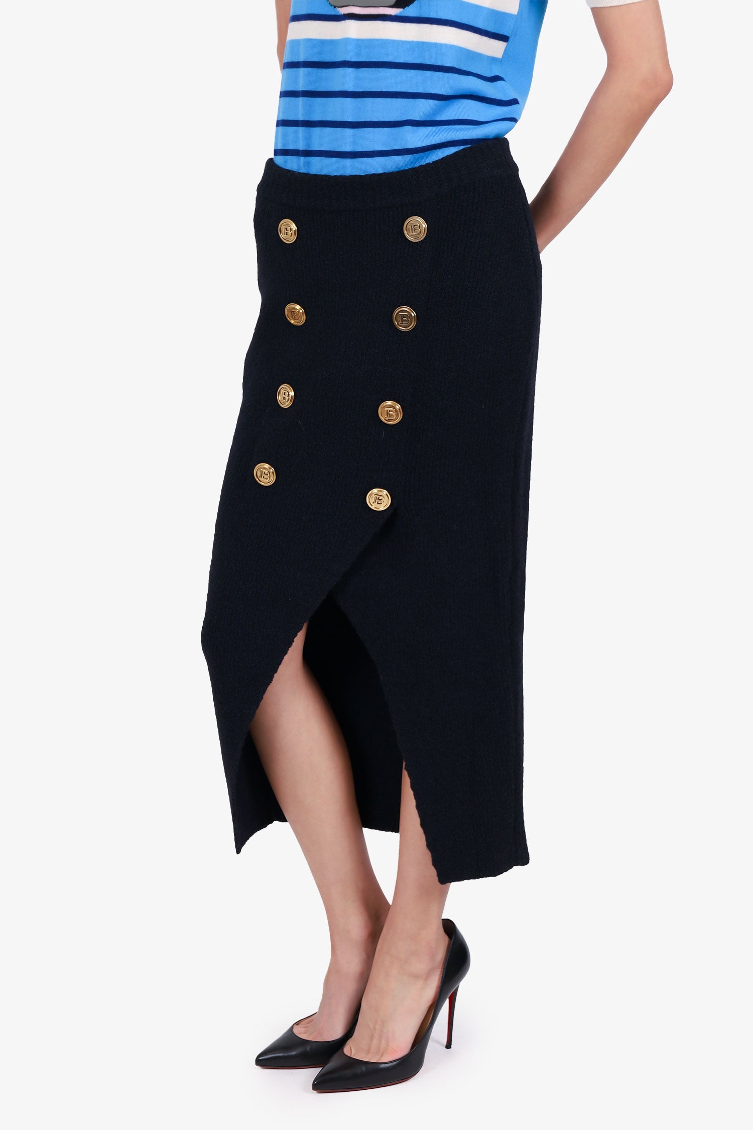 Balmain Black Wool/Silk Knit Buttoned Midi Skirt Size 38