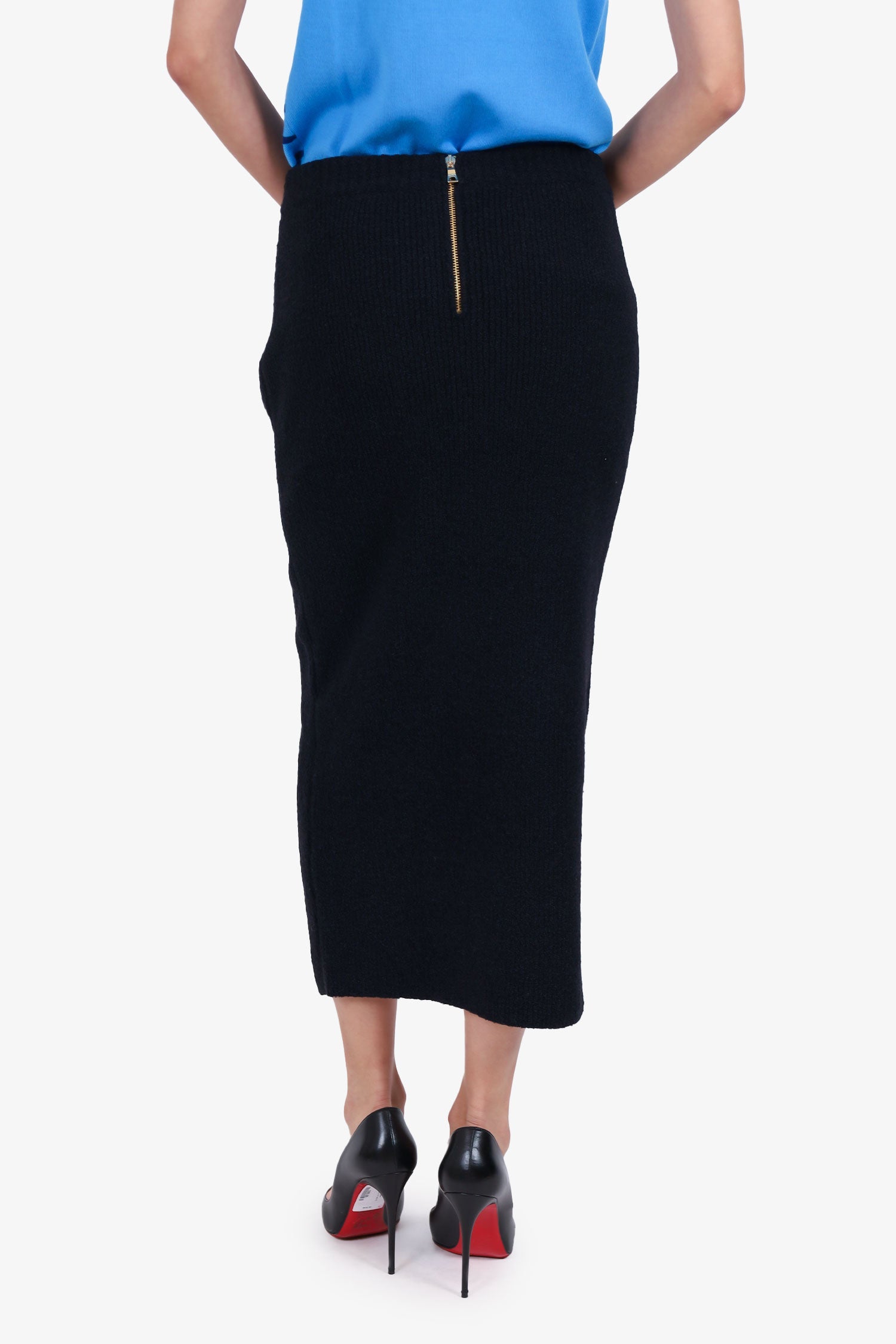 Balmain Black Wool/Silk Knit Buttoned Midi Skirt Size 38