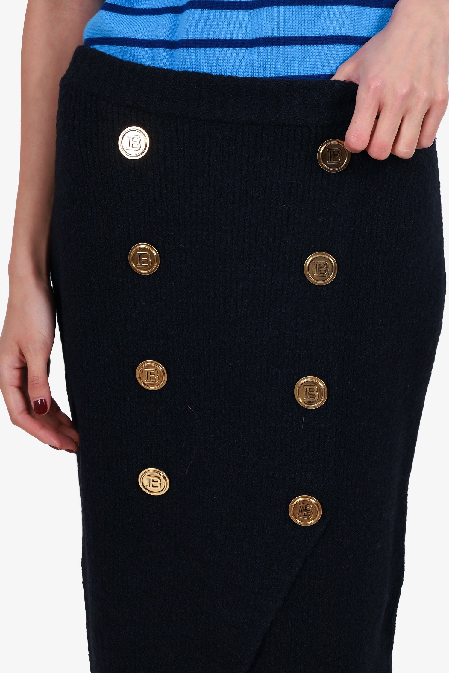 Balmain Black Wool/Silk Knit Buttoned Midi Skirt Size 38