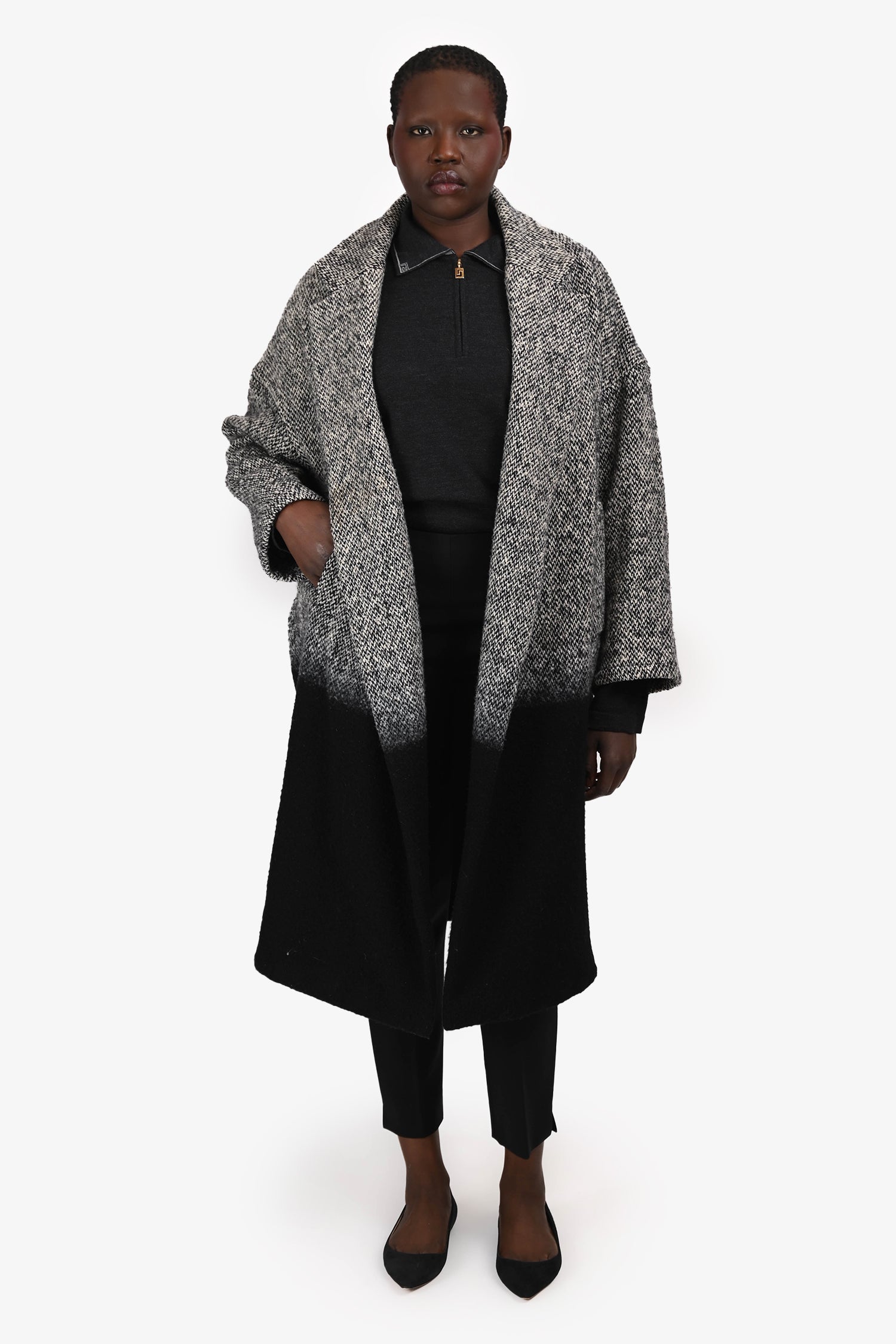 Dusan Grey/Black Wool Colourblock Herringbone Coat Size M