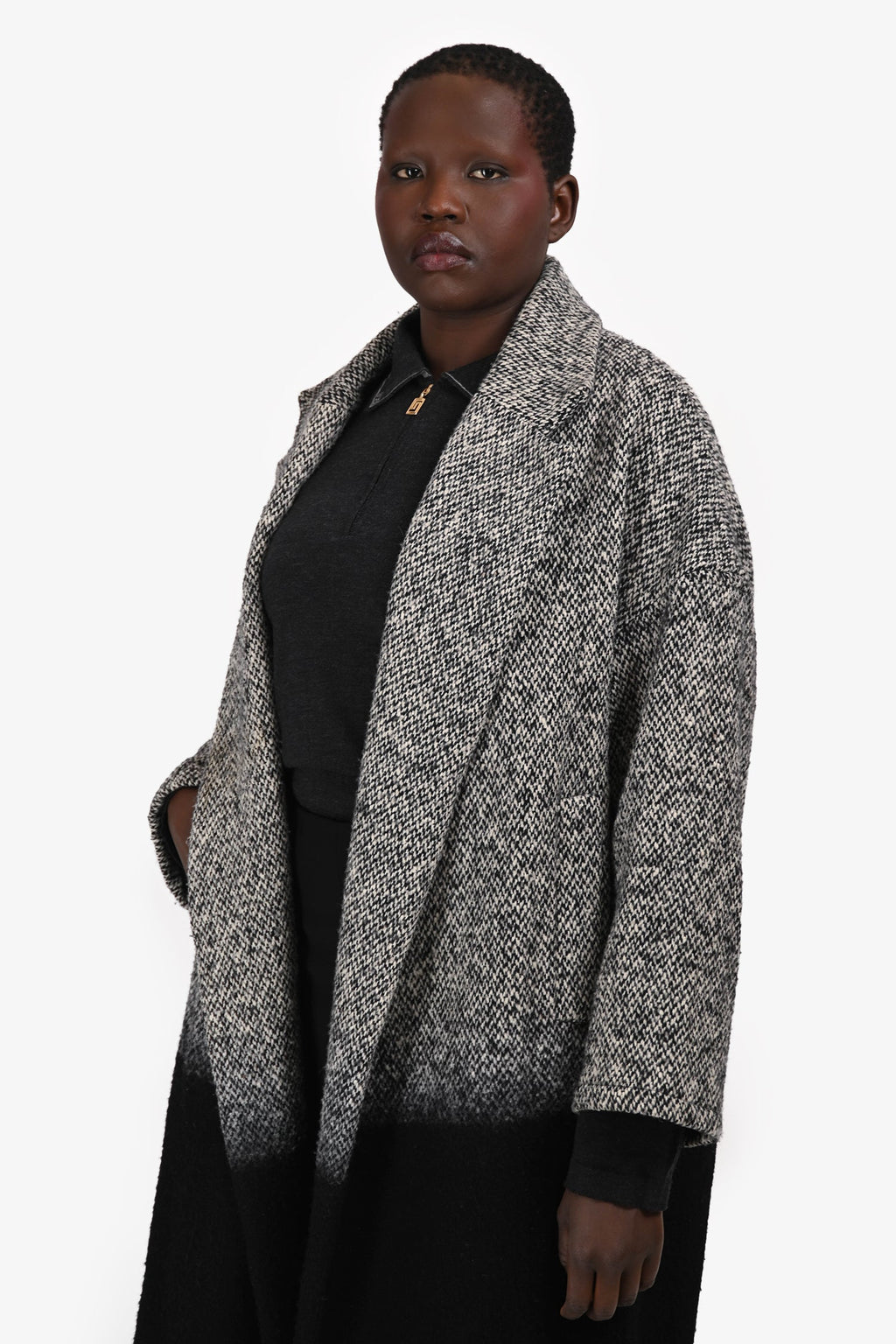 Dusan Grey/Black Wool Colourblock Herringbone Coat Size M