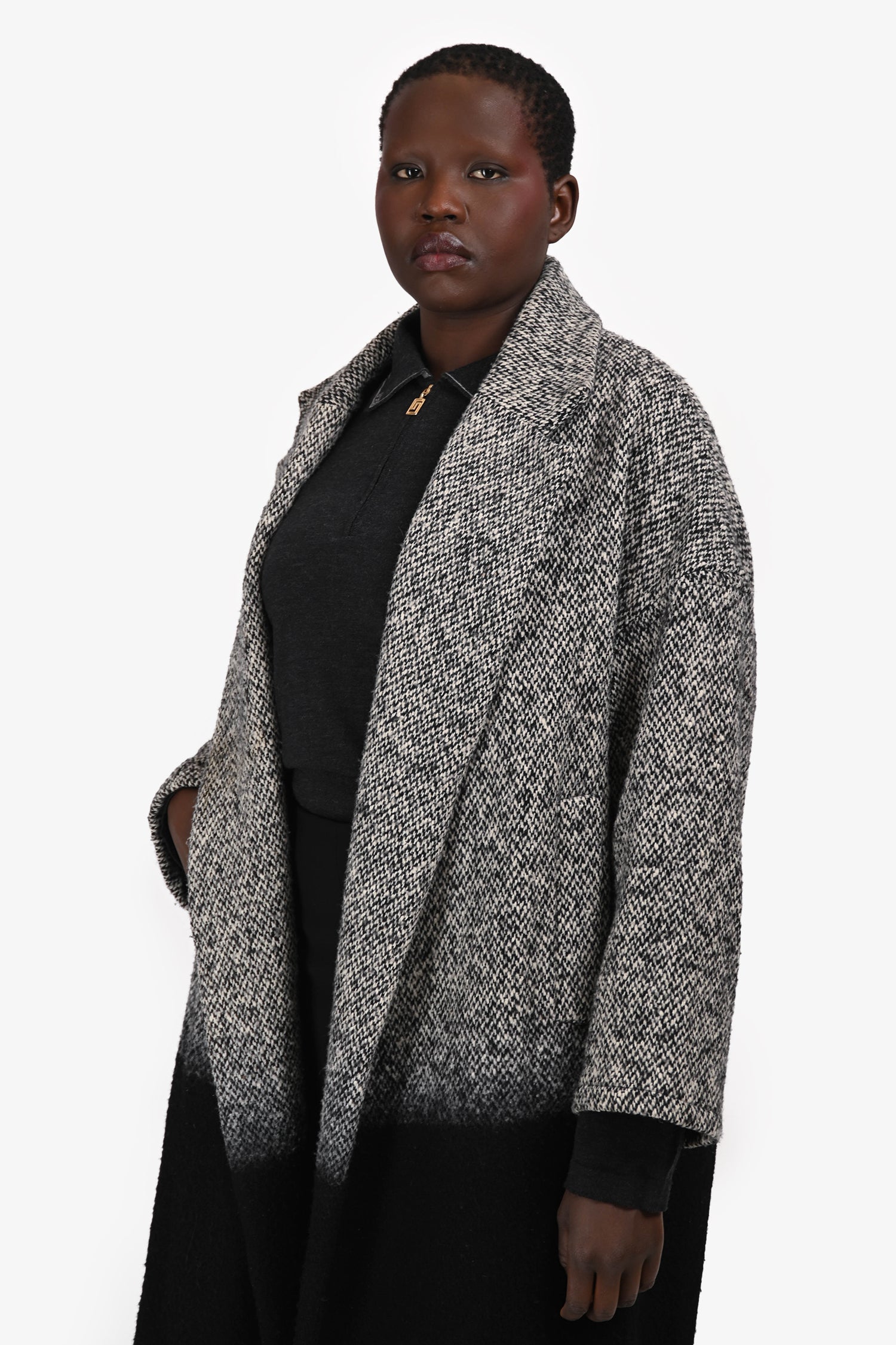 Dusan Grey/Black Wool Colourblock Herringbone Coat Size M