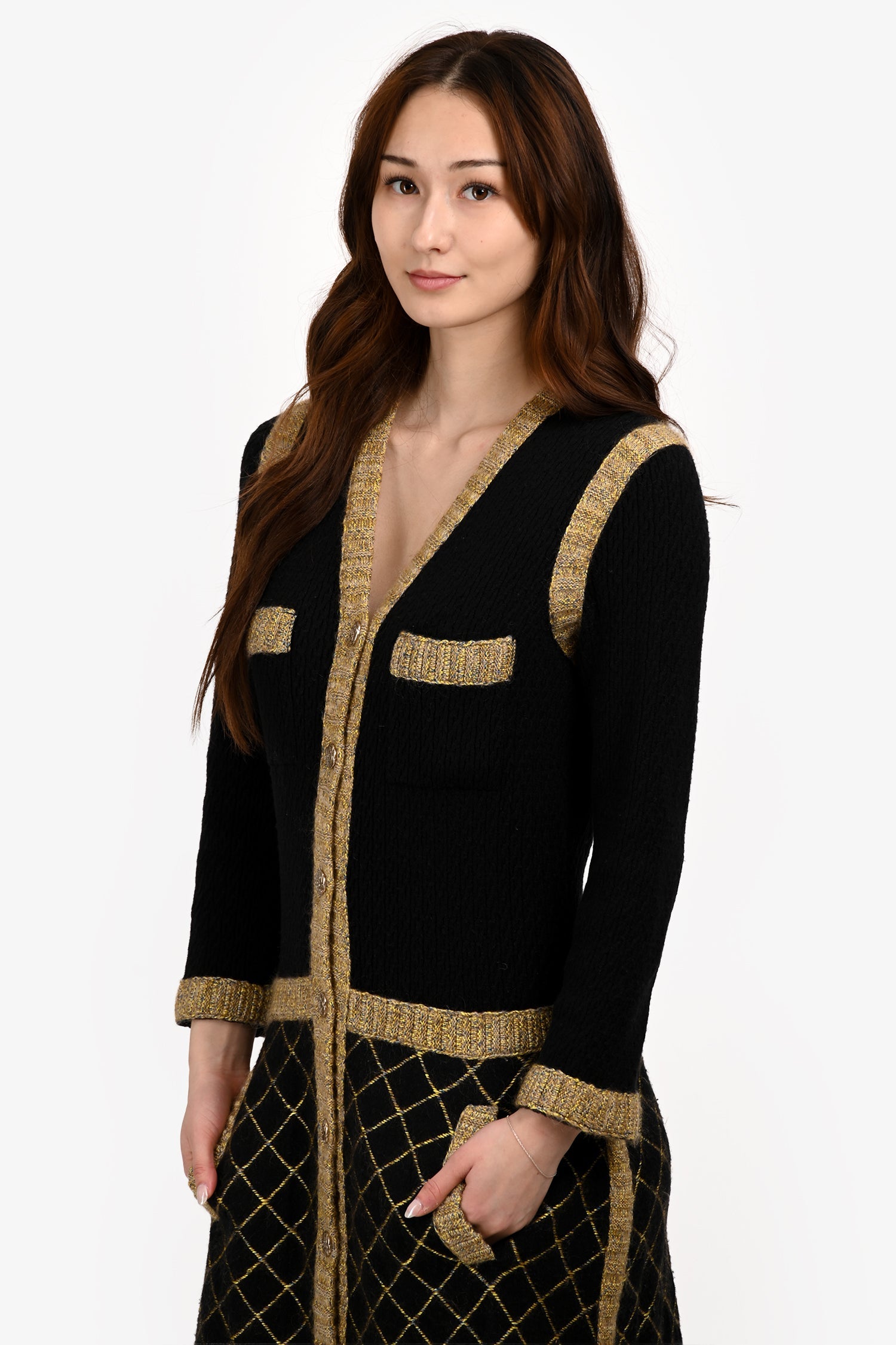 Pre-Loved Chanel™ FW2015 Black/Yellow Silk/Cashmere Dress Size 40