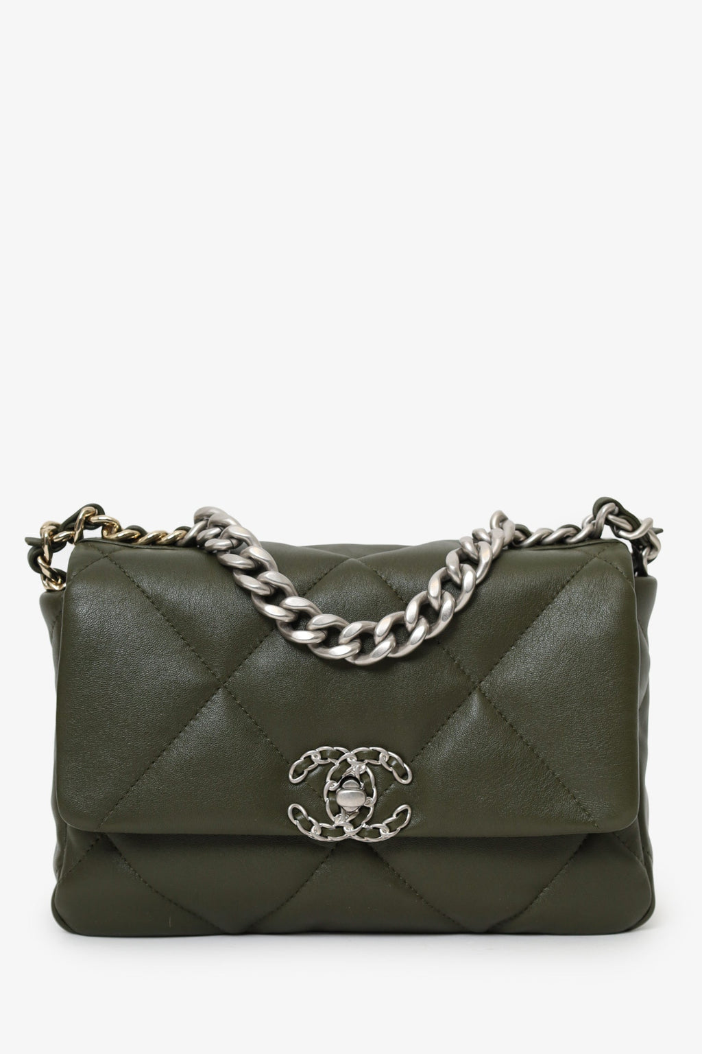 Pre-Loved Chanel™ 2022+ Khaki Green Leather 'Chanel™ 19' Small Flap