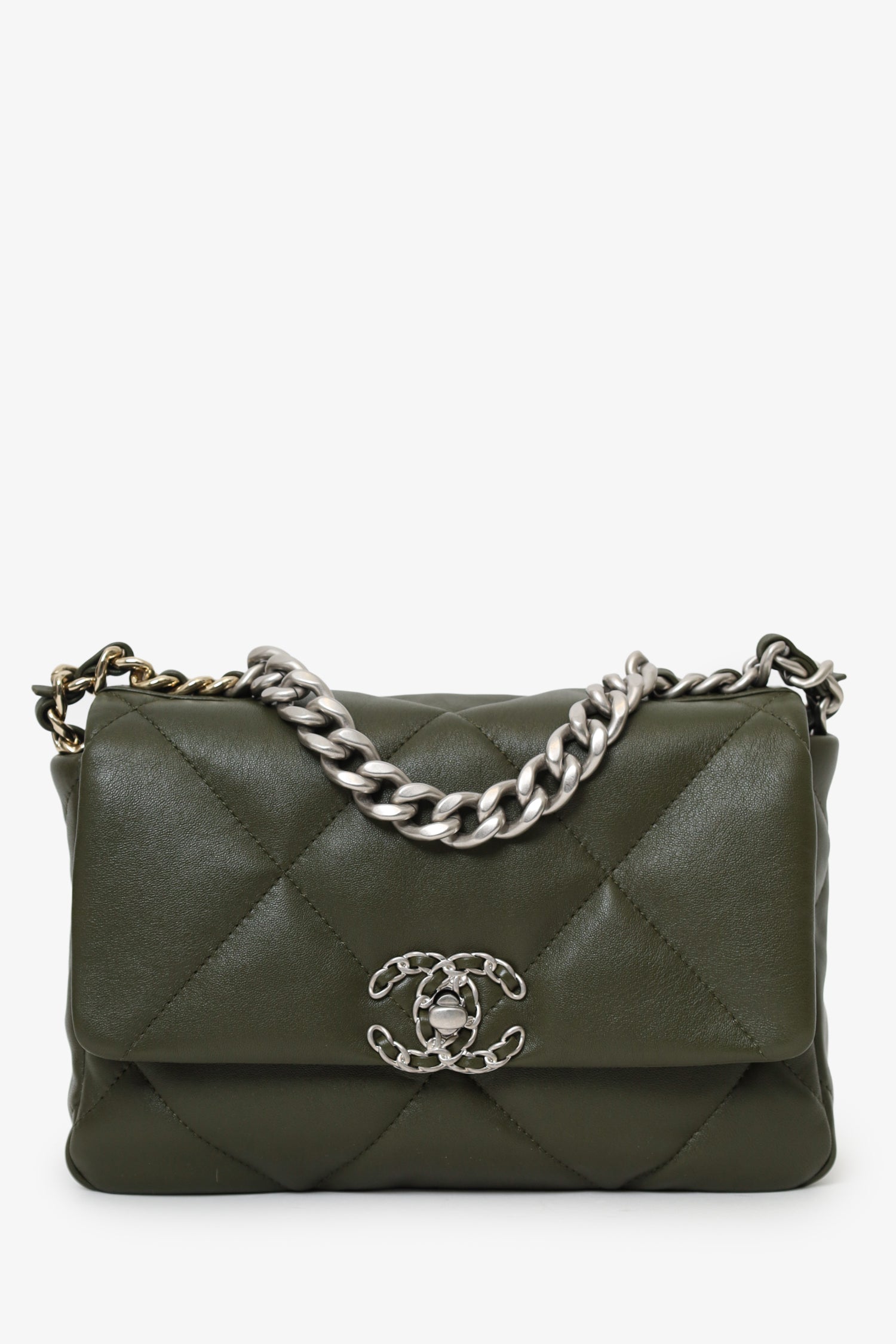 Pre-Loved Chanel™ 2022+ Khaki Green Leather 'Chanel™ 19' Small Flap