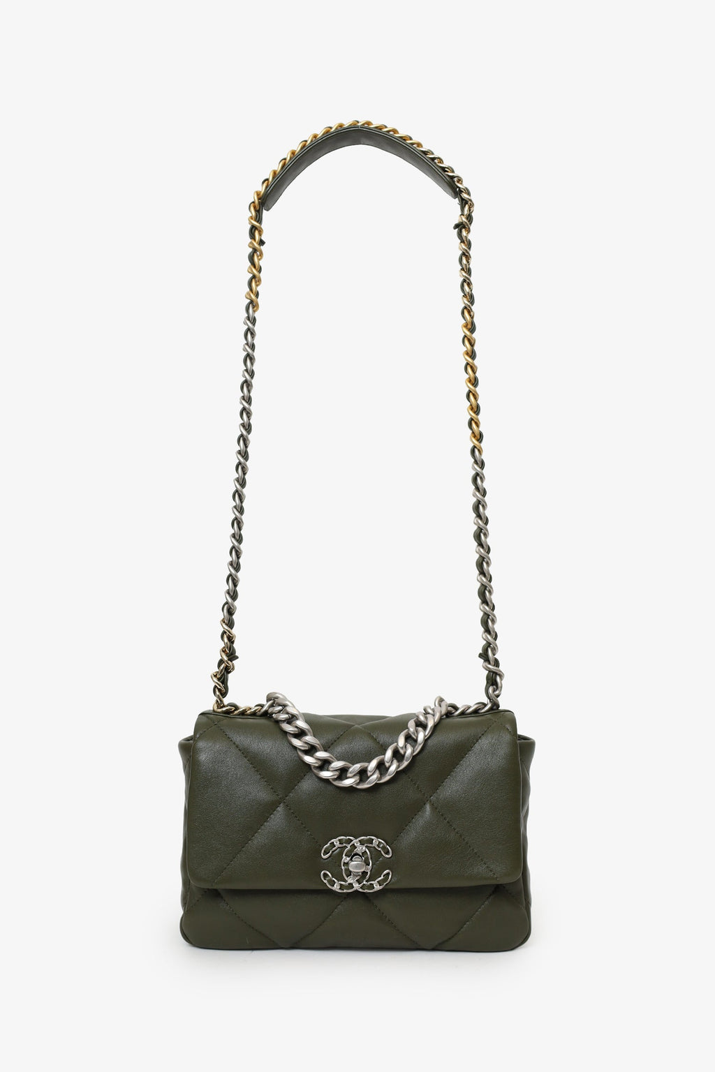 Pre-Loved Chanel™ 2022+ Khaki Green Leather 'Chanel™ 19' Small Flap