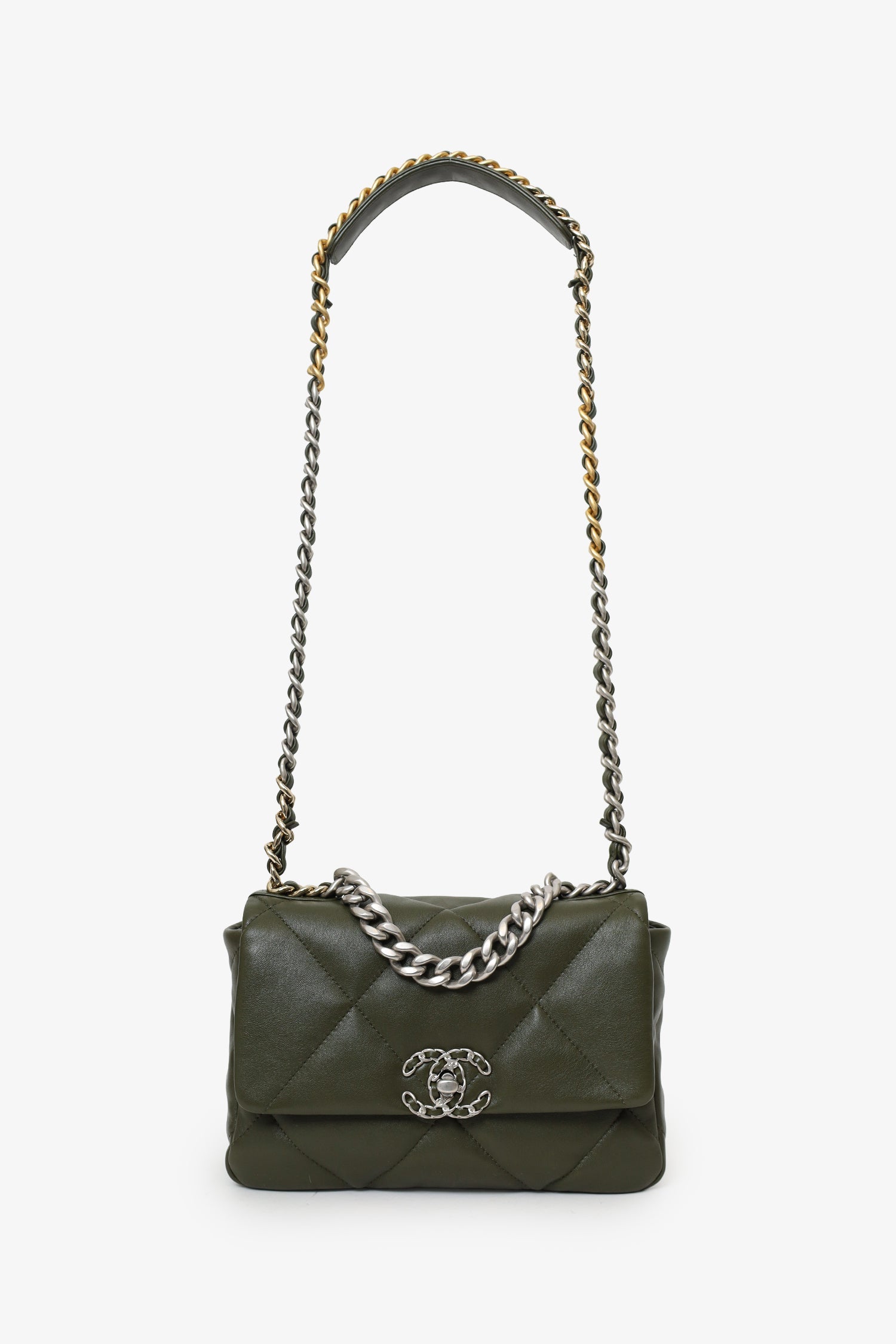 Pre-Loved Chanel™ 2022+ Khaki Green Leather 'Chanel™ 19' Small Flap