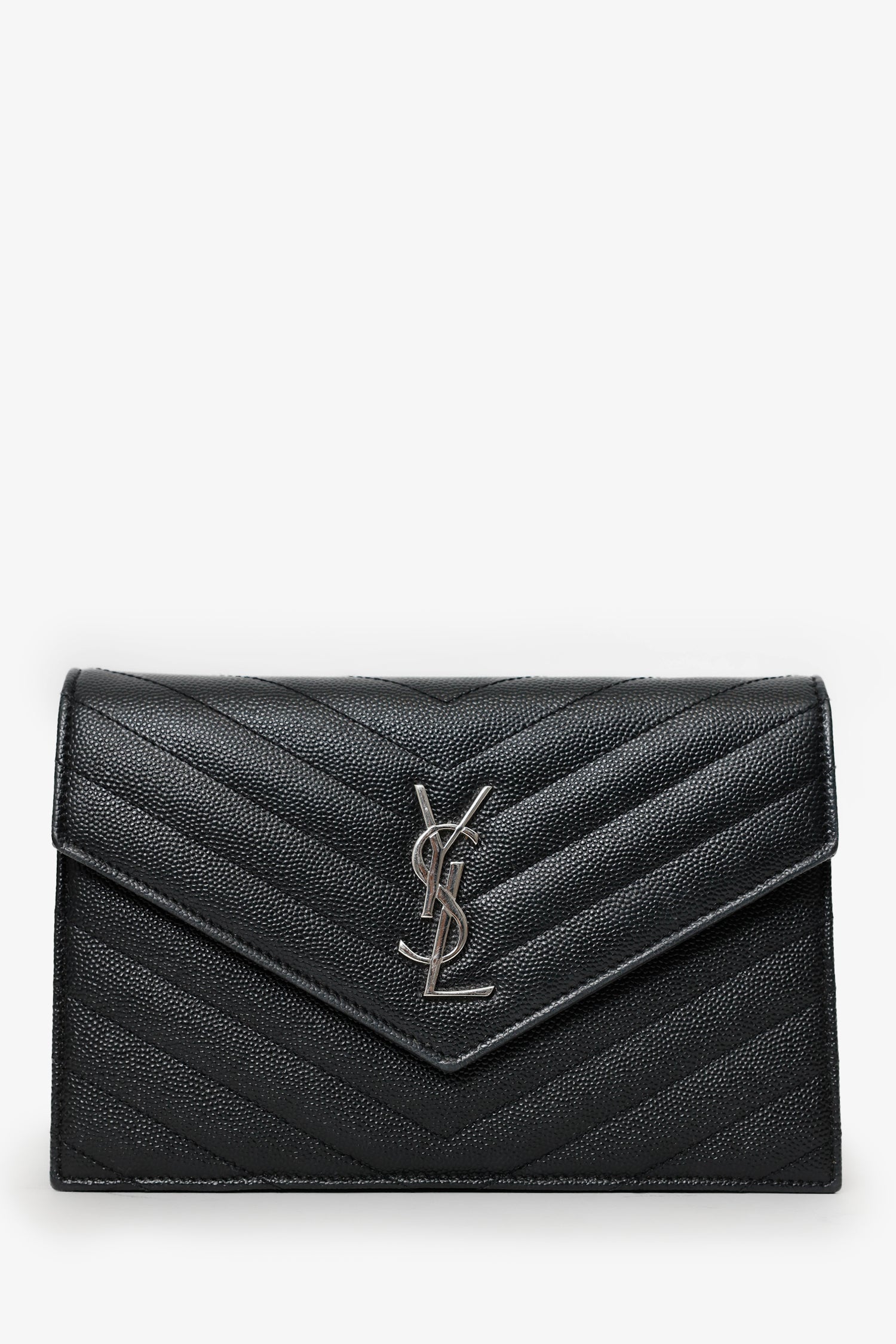 Saint Laurent Black Grained Leather Envelope Wallet On Chain