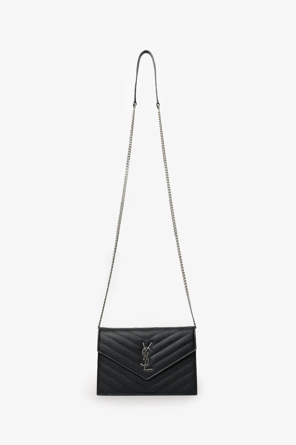 Saint Laurent Black Grained Leather Envelope Wallet On Chain