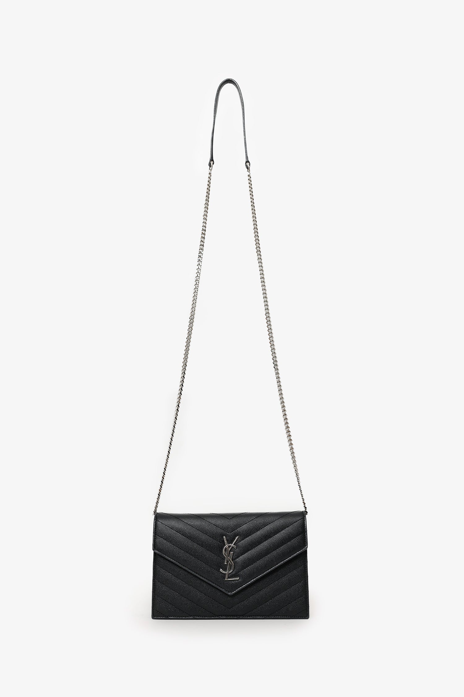 Saint Laurent Black Grained Leather Envelope Wallet On Chain