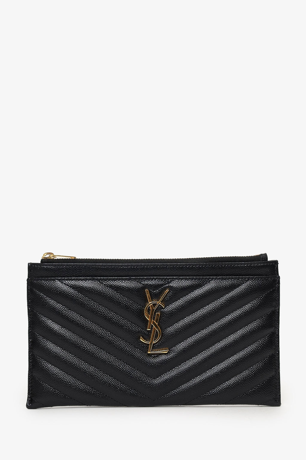 Saint Laurent Black Grained Leather Matelasse YSL Monogram Small Zip Top Bill Pouch