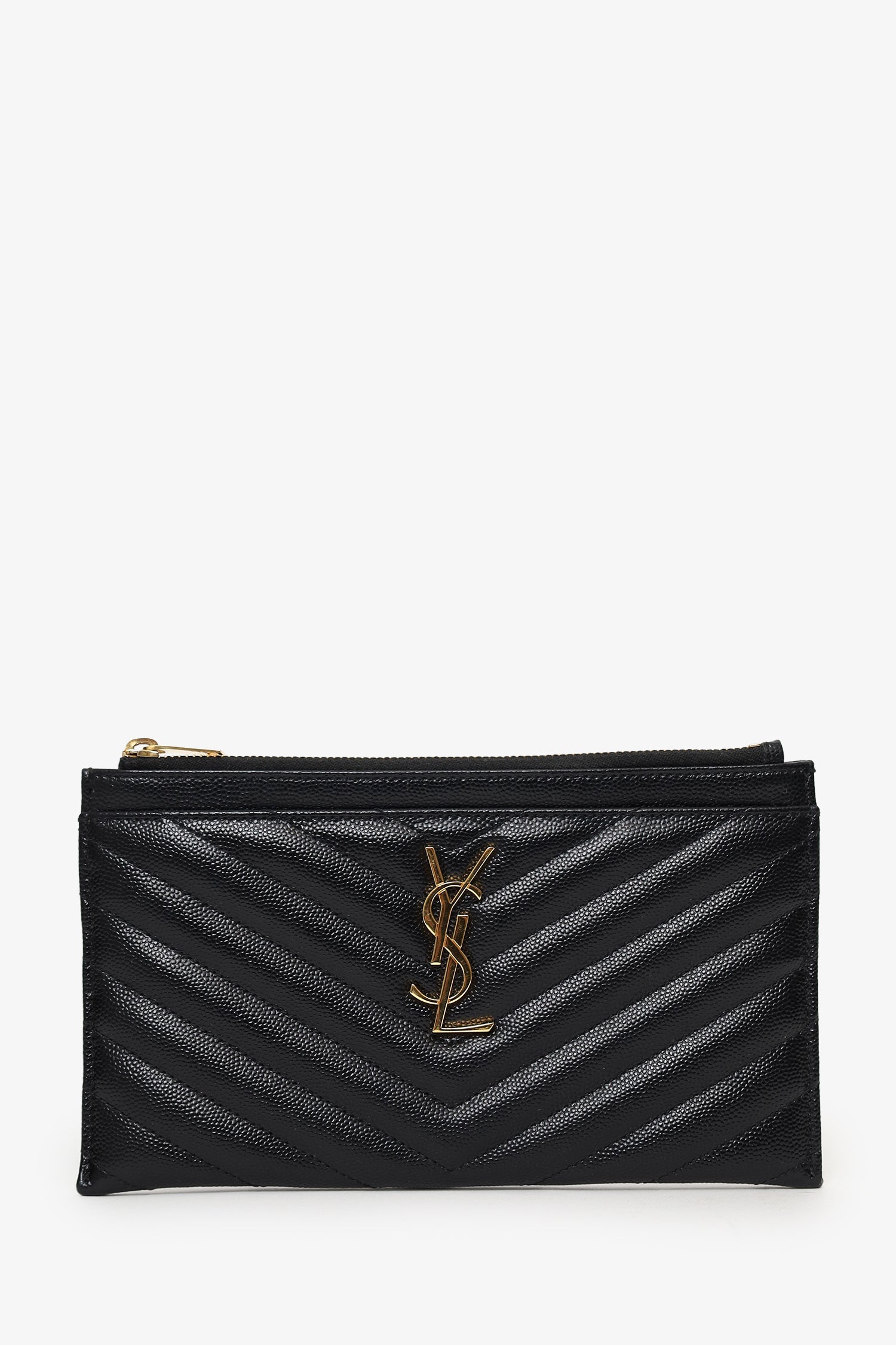 Saint Laurent Black Grained Leather Matelasse YSL Monogram Small Zip Top Bill Pouch
