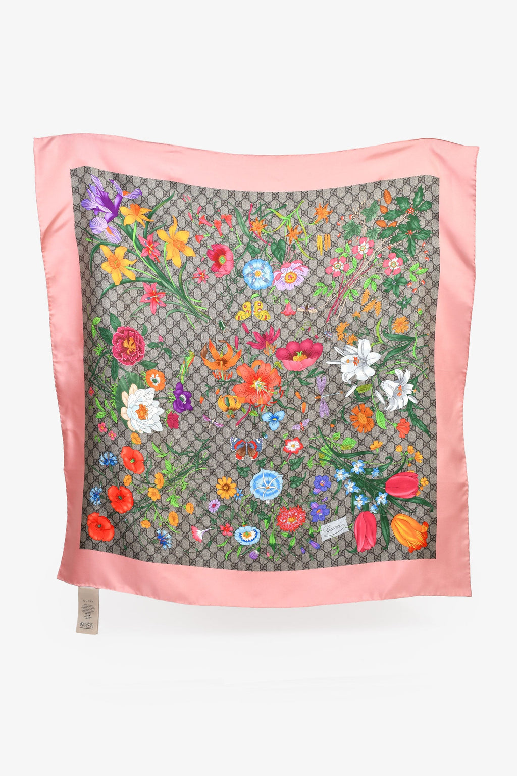 Gucci Brown/Pink Multicolour Floral Silk Scarf 90