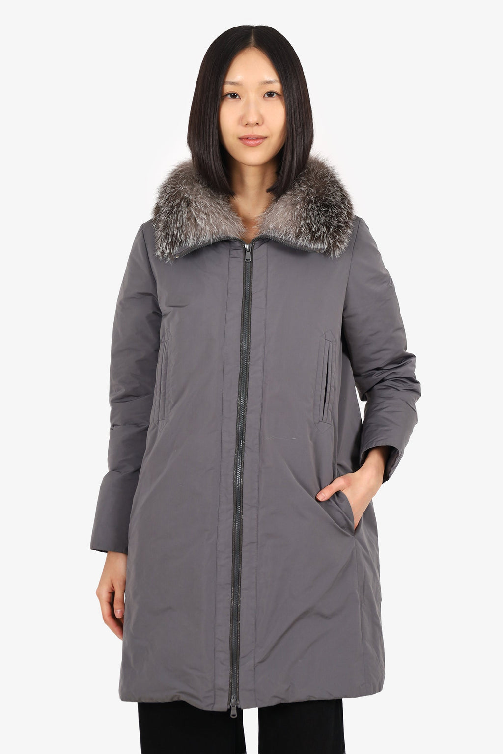 Brunello Cucinelli Grey Down Fur Hooded Coat Size 42