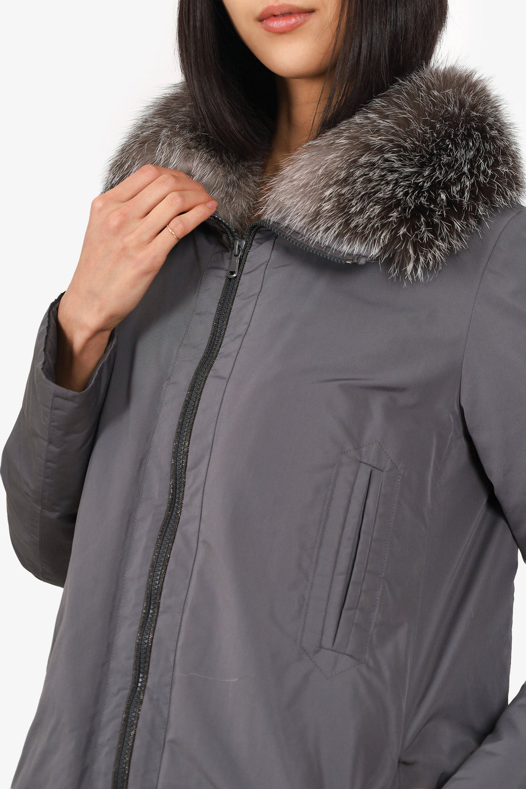 Brunello Cucinelli Grey Down Fur Hooded Coat Size 42