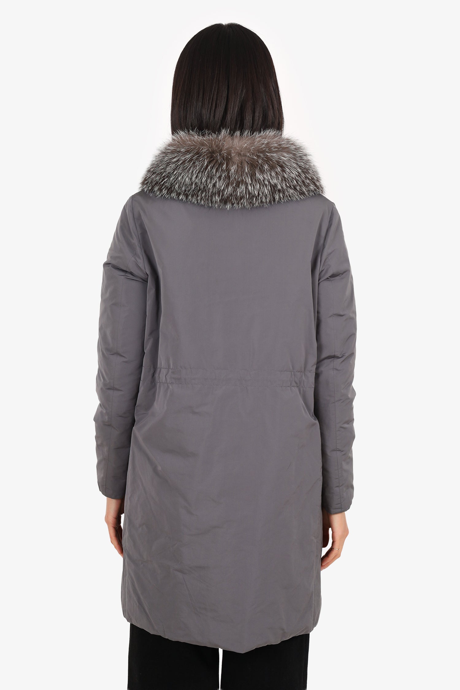 Brunello Cucinelli Grey Down Fur Hooded Coat Size 42