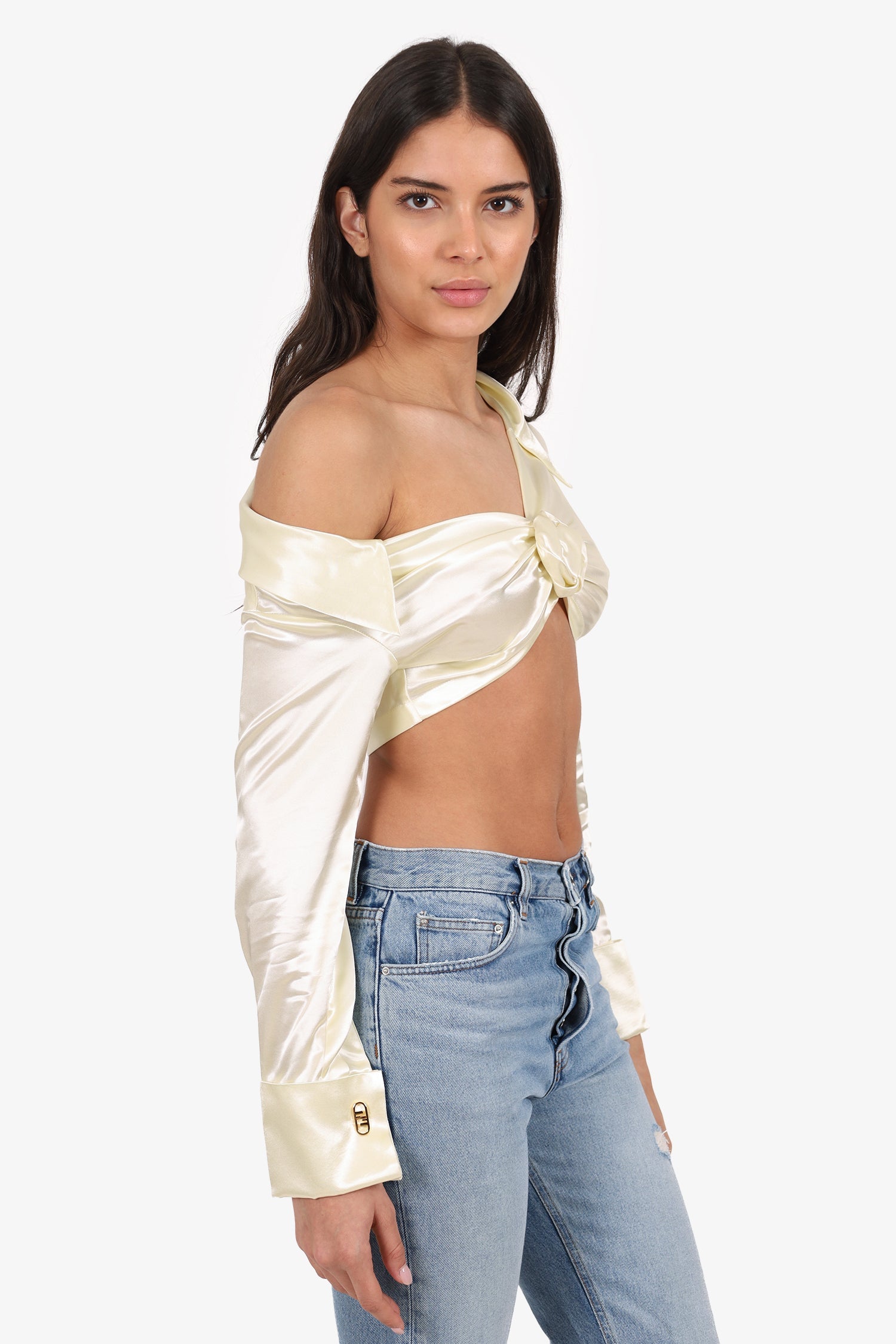 Fendi White Silk Flower Front Long Sleeve Crop Top Size 38